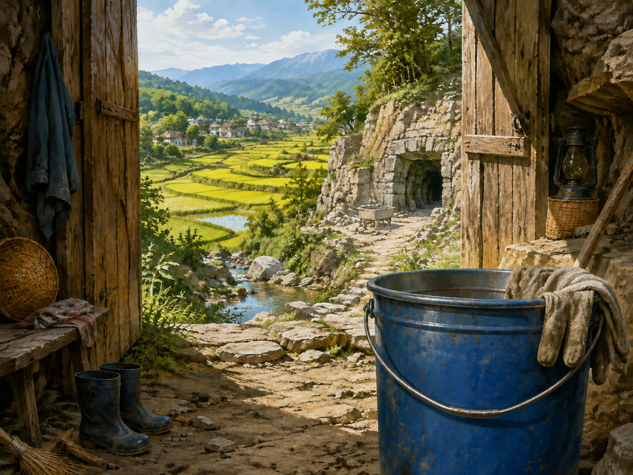 rice valley opening beyond a blue field bucket in a second mineral-cavern entrance near a small stone-quarry path, with familiar objects and bright diffused window light.