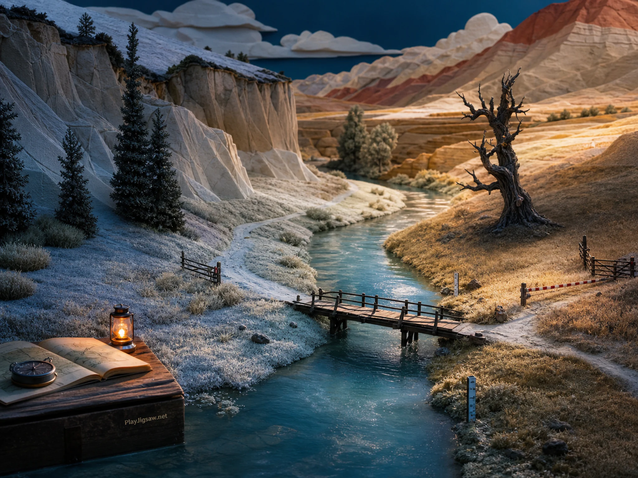 Wheat River Bend crossing small timber footbridge in a sculpted desert basin, composed as broad cross-slope view where light, weather, or water divides the scene diagonally into.