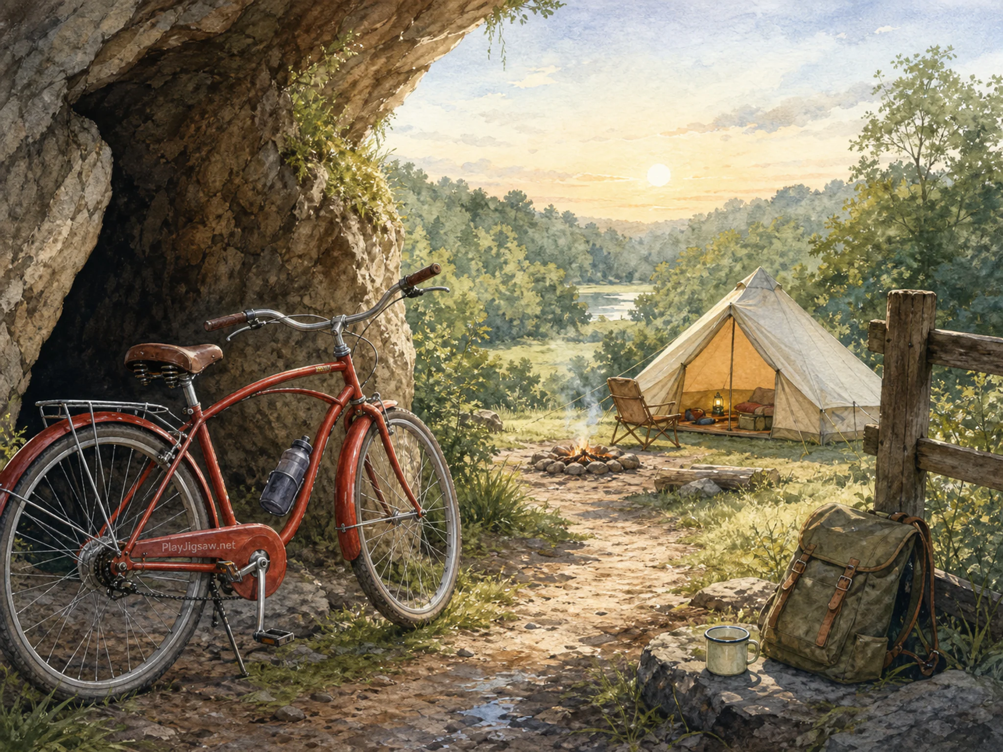 aurora camp opening beyond a red trail bicycle in a mineral-cavern entrance beside a familiar country-park footpath, with familiar objects and clear early-morning light.