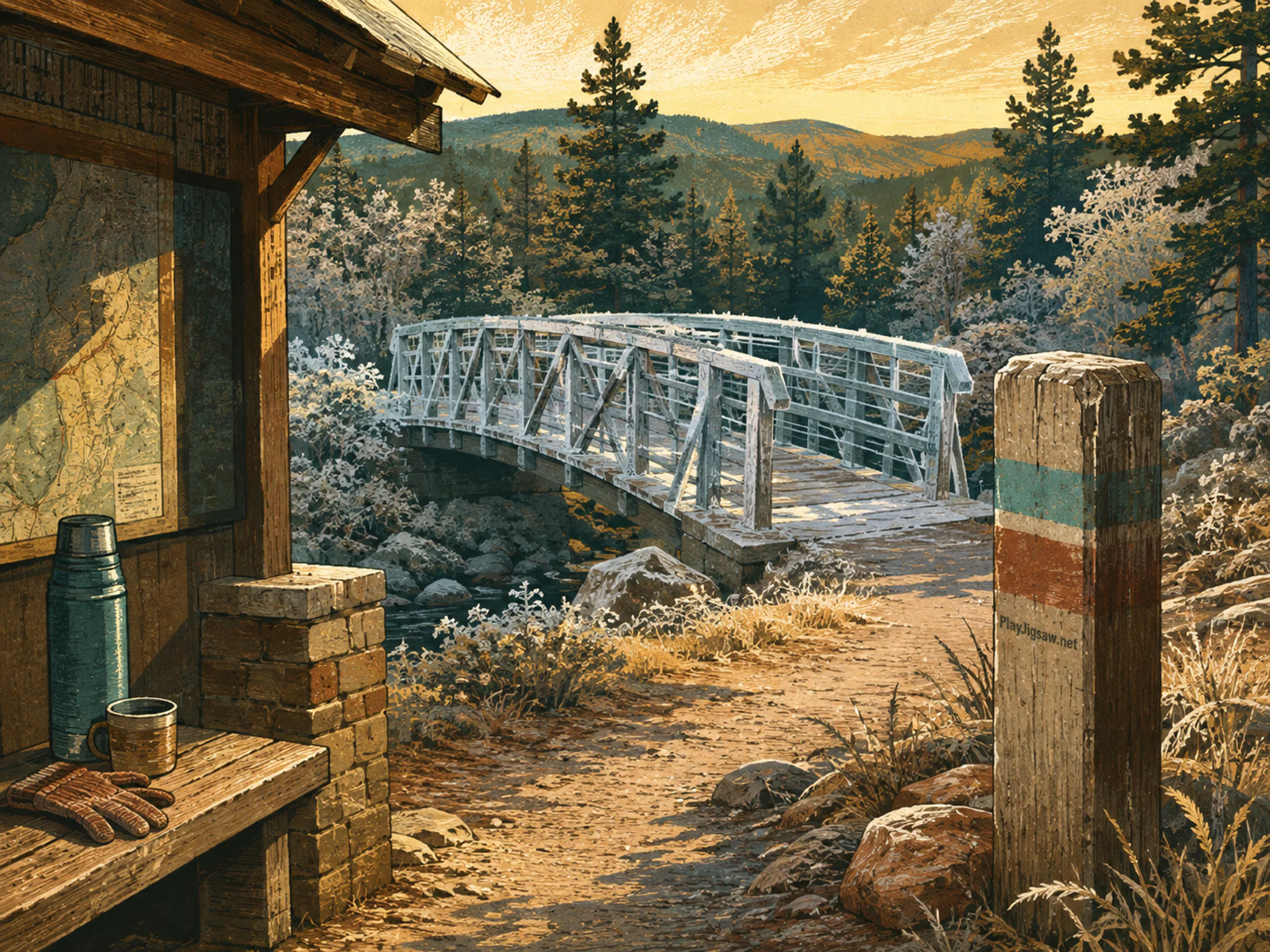 frosted bridge opening beyond a painted trail post in a sandstone-wave trail viewpoint beside a modest roadside shelter, with familiar objects and warm late-day sunlight.