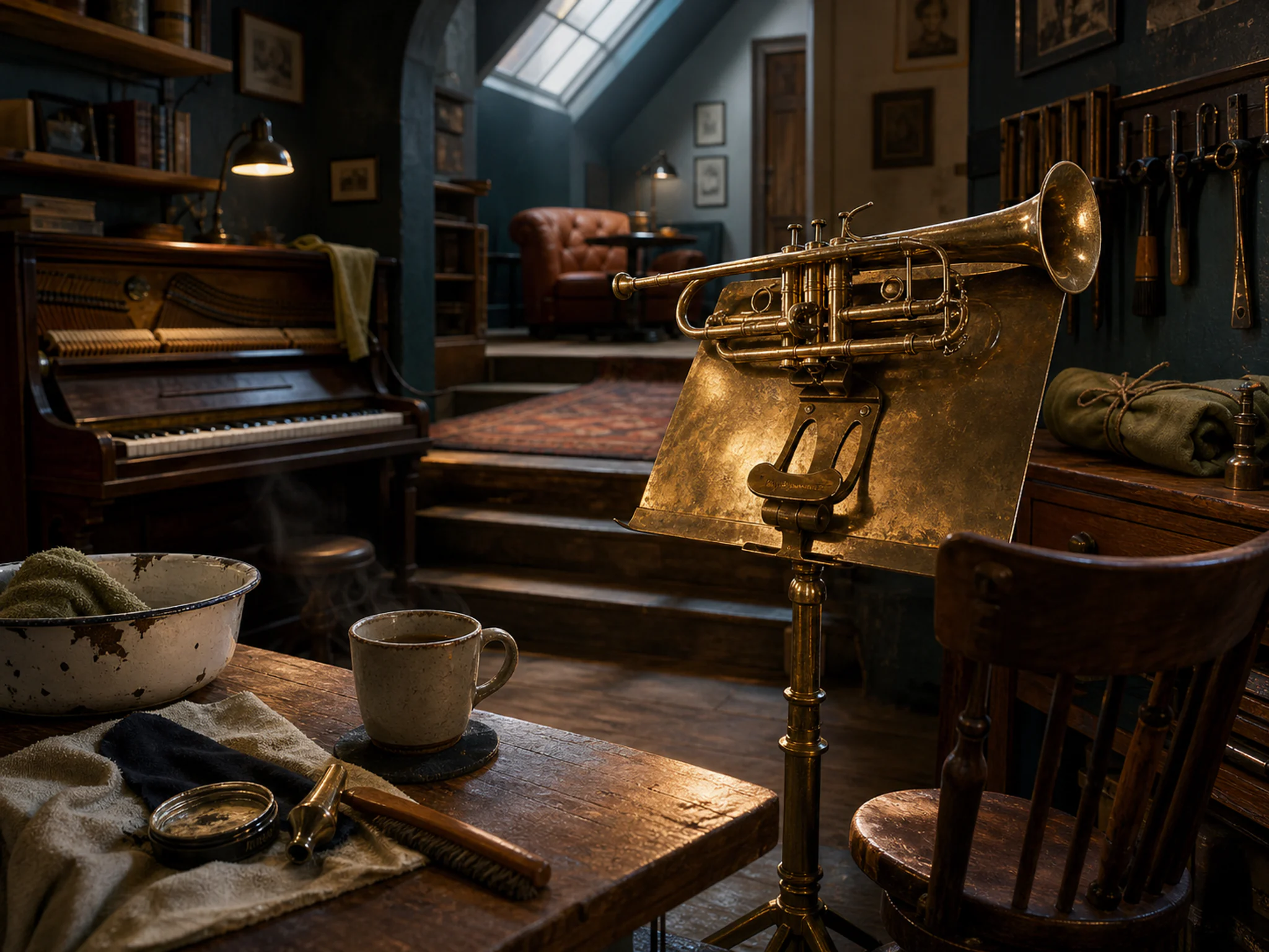 Balcony Trumpet arranged above brass music stand in a warm keyboard studio, composed as stepped depth composition with three terraces, shelves, platforms, or natural elevation.
