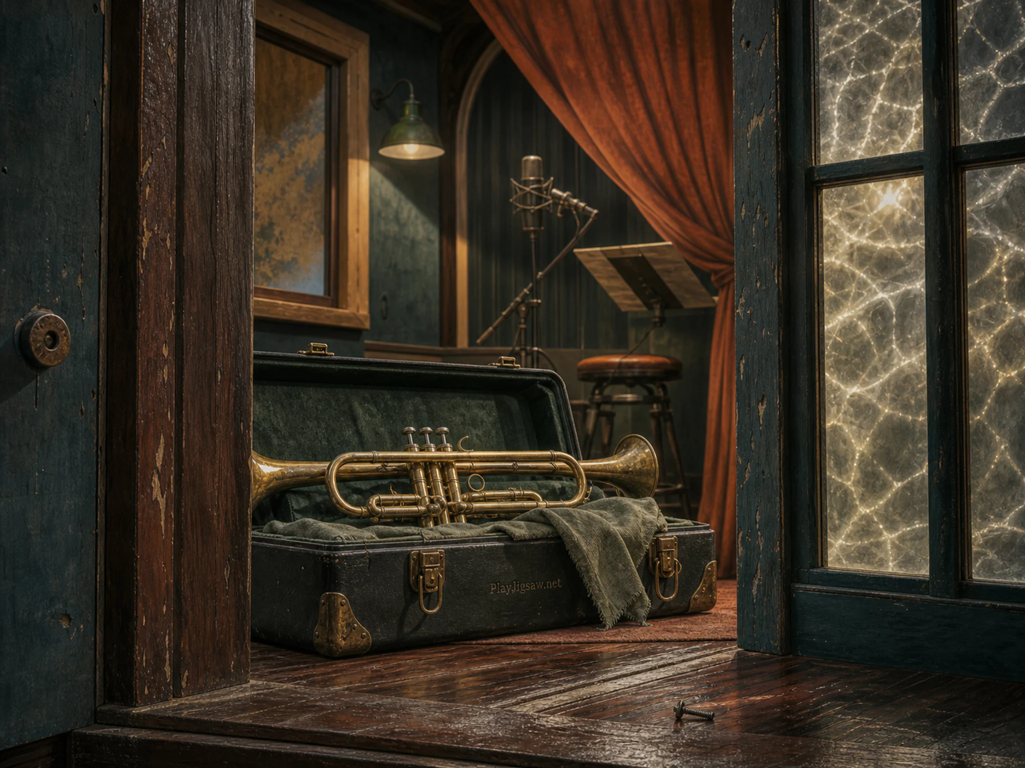 Balcony Trumpet lit beneath folded stage curtain in a compact recording booth, composed as low threshold view framed by two unequal vertical elements, opening into a deep layered.