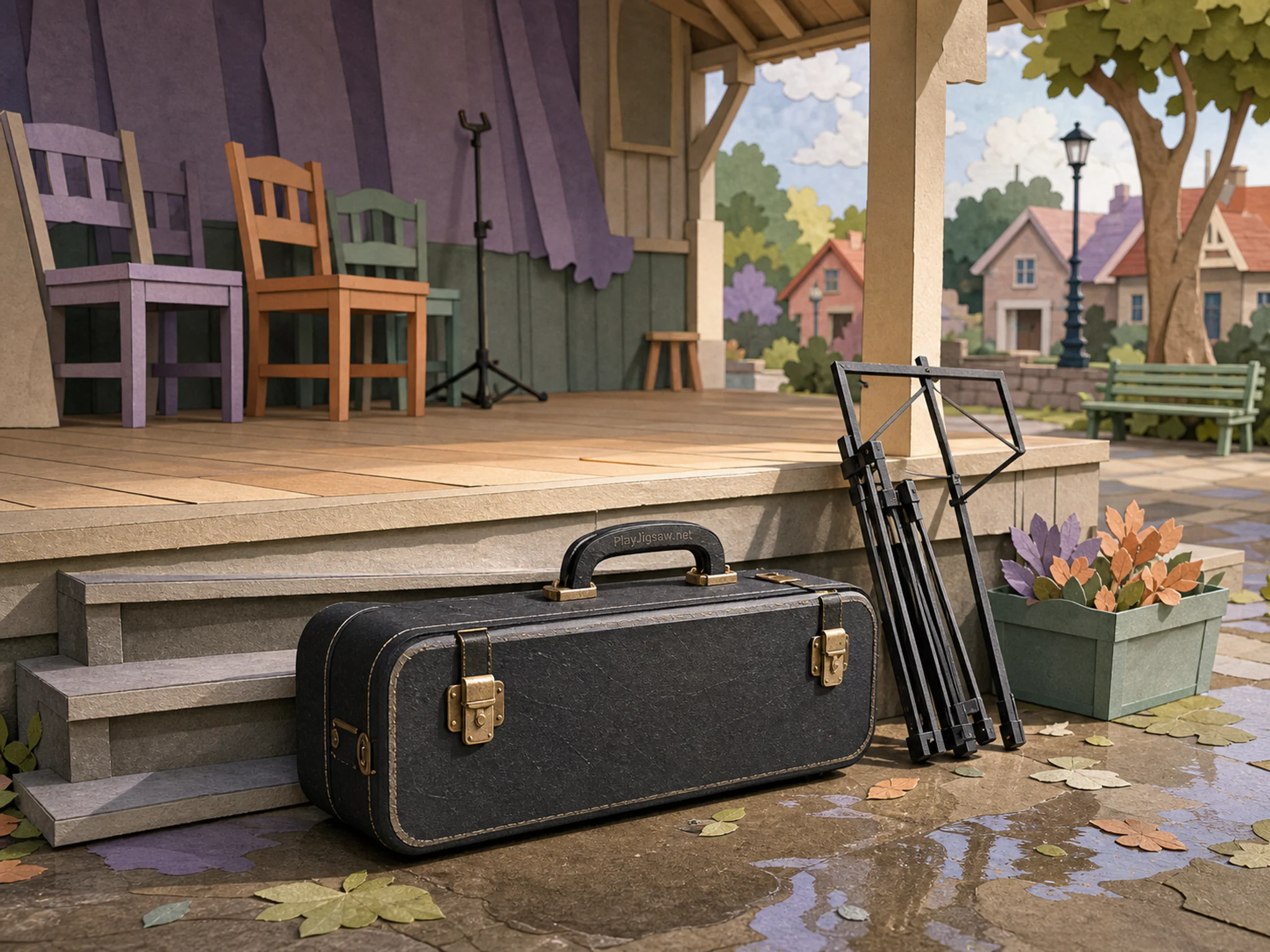 clarinet case resting naturally beside a folded music stand without sheets in a community-hall stage after rehearsal with no performers, with familiar objects and sun after a.