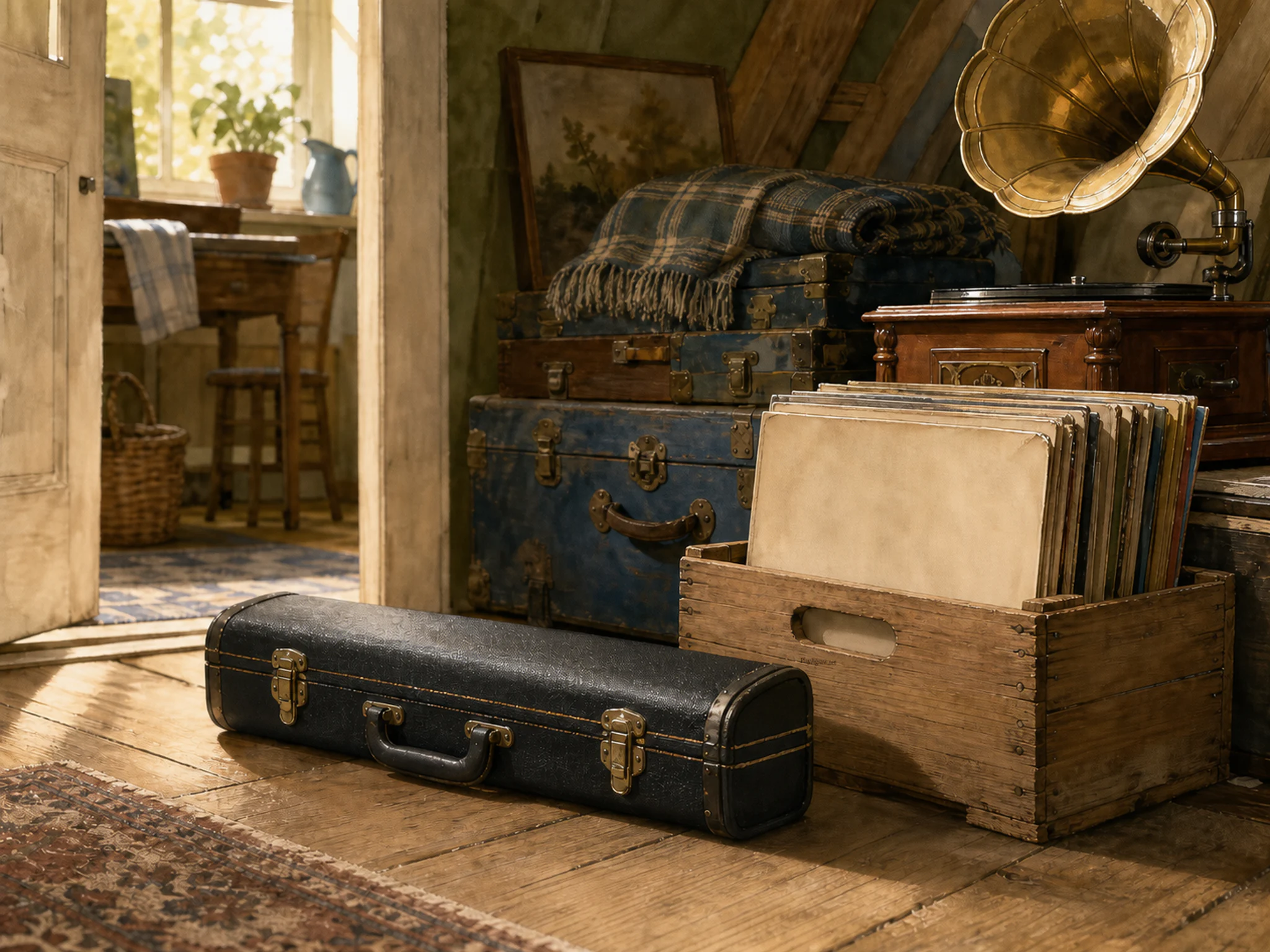 clarinet case resting naturally beside a wooden record crate with blank sleeves in an attic gramophone corner with trunks and blankets, with familiar objects and golden.