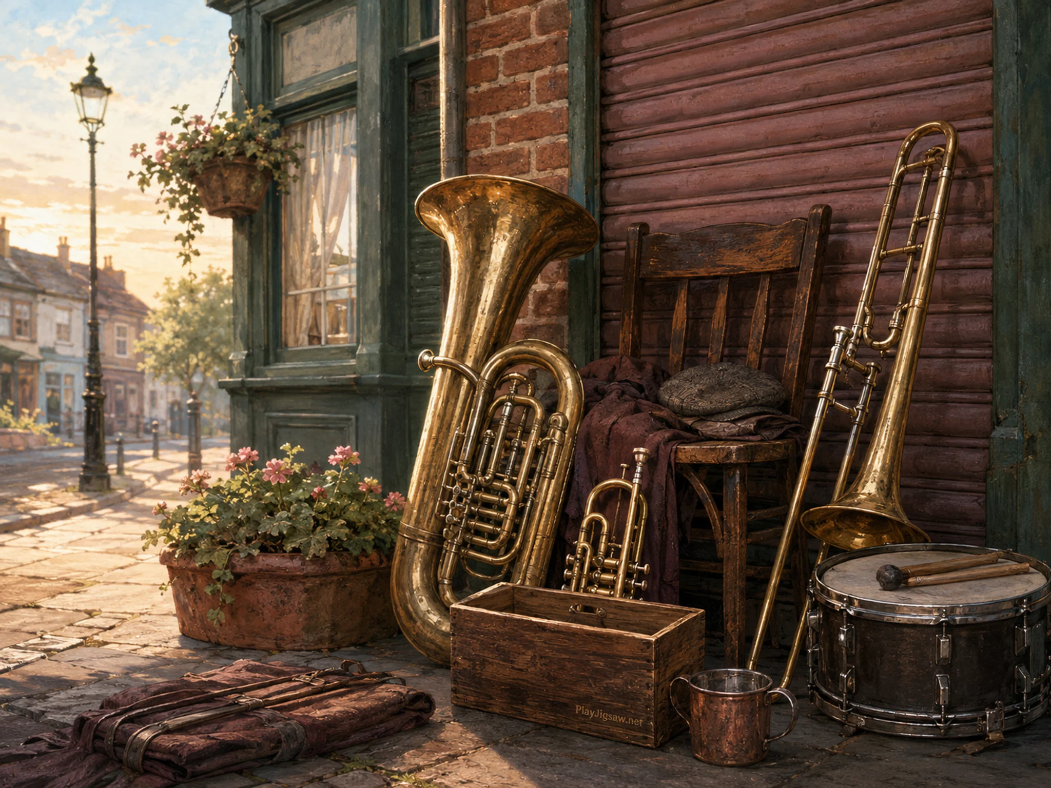 garden brass band resting naturally beside a small wooden tip box without text in a street-performance setup stored beside a shop shutter, with familiar objects and clear.