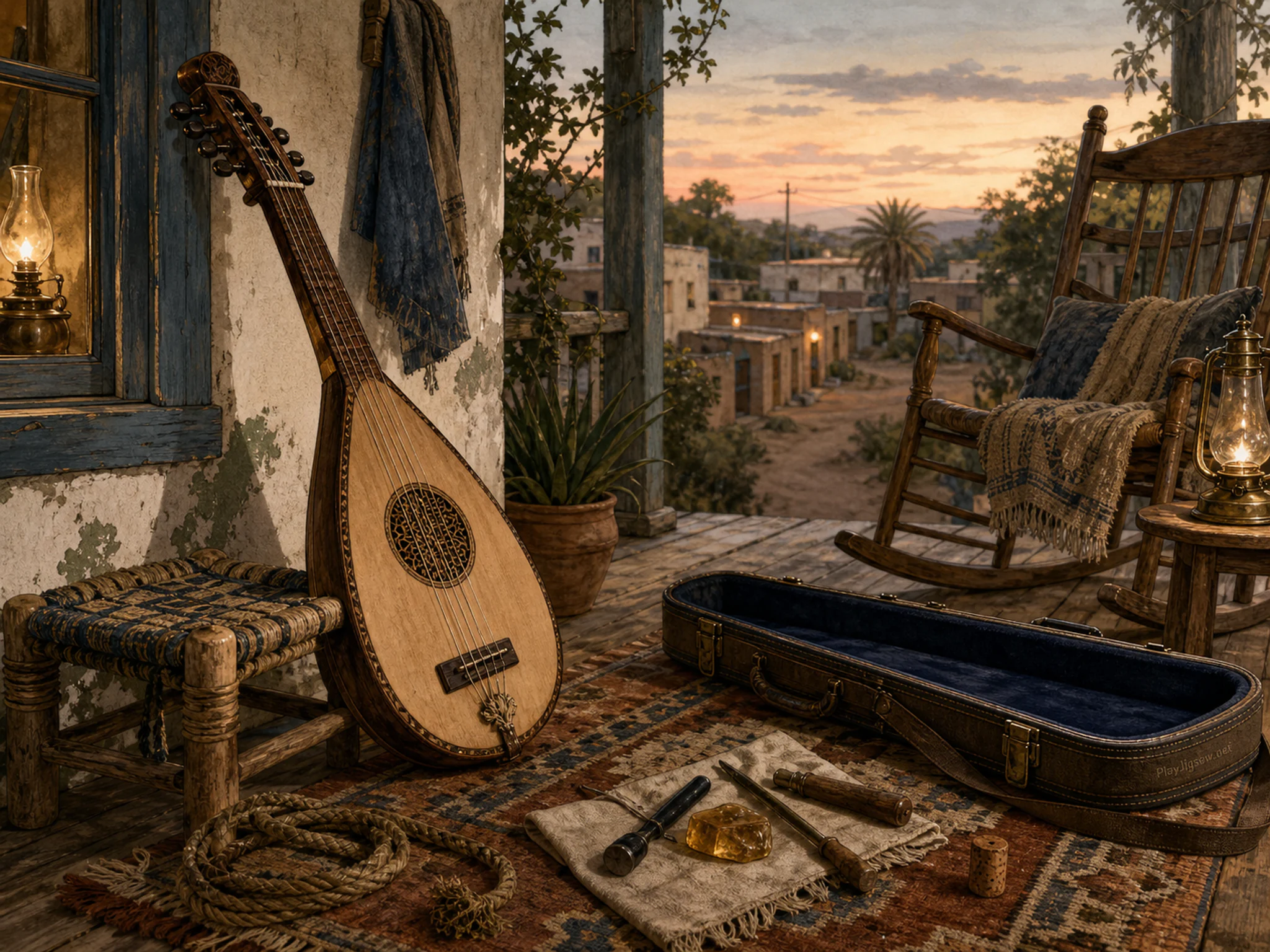 desert lute resting naturally beside a woven footstool in a farmhouse porch with a flute case and rocking chair, with familiar objects and warm lamplight at dusk.