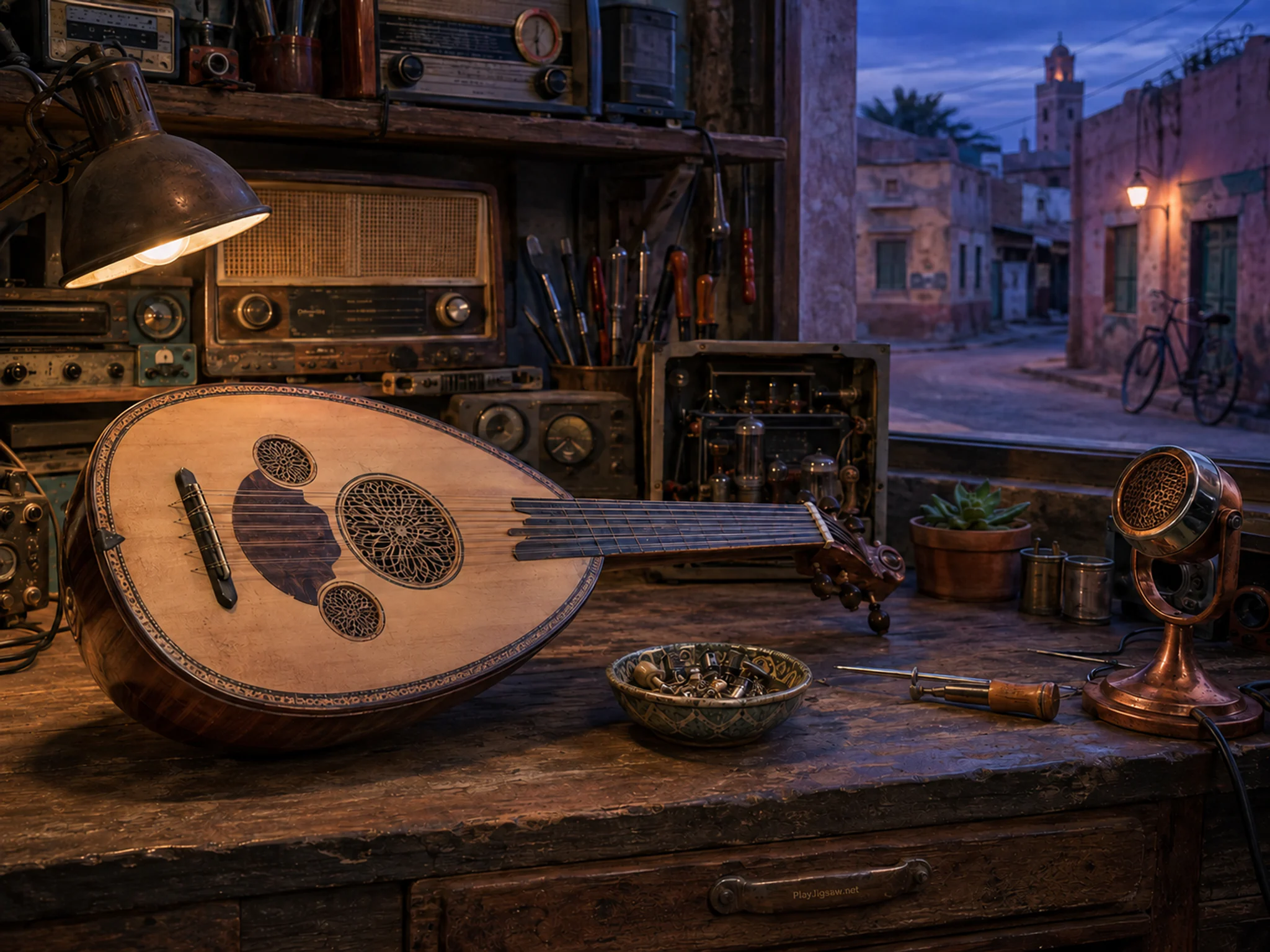 desert lute resting naturally beside a small parts bowl in a neighborhood radio-and-microphone repair workshop, with familiar objects and cool blue-hour light.
