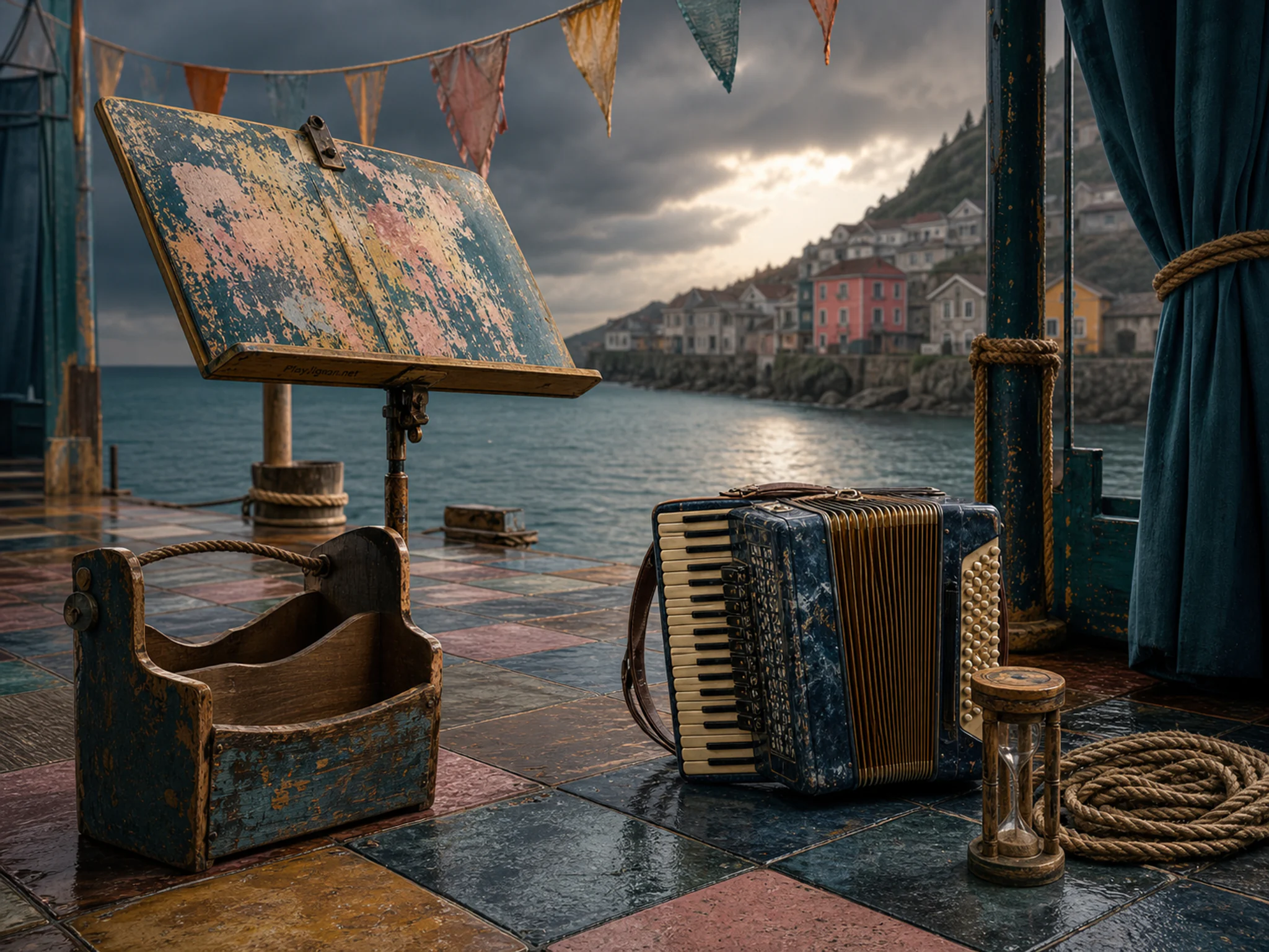 Riverside Accordion set for rehearsal near painted sheet-music stand without text in a waterside folk stage, composed as compressed telephoto layers with distinct silhouettes and.