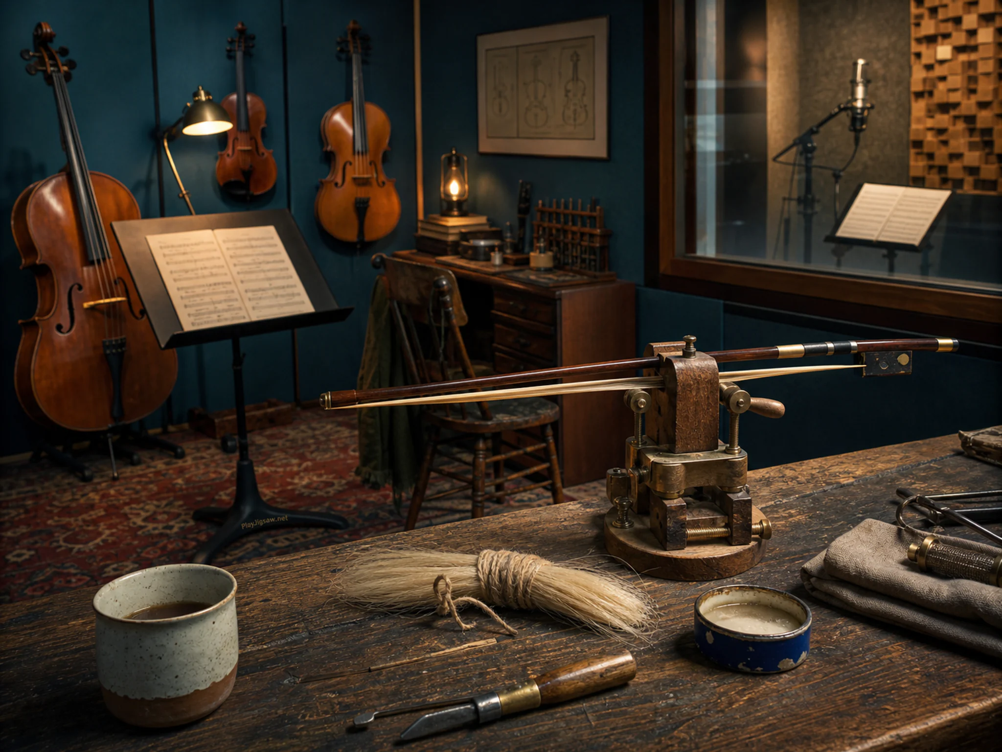Bow Rehair Bench being repaired on small luthier clamp in a compact recording booth, composed as ground-level view using a textured leading edge, a middle landmark, and a high.