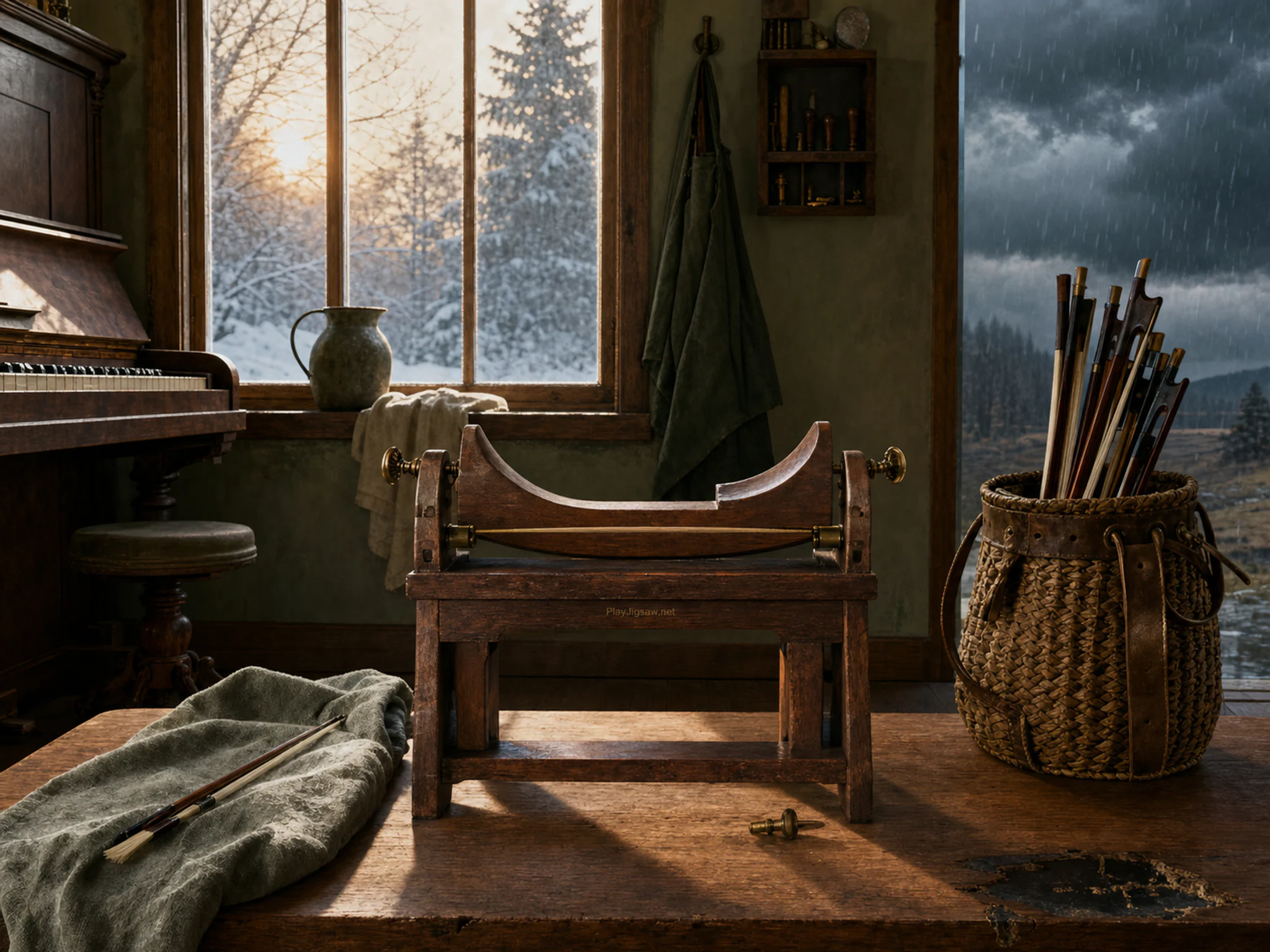 Bow Rehair Bench waiting near woven mallet bag in a warm keyboard studio, composed as near-symmetry deliberately broken by one functional action, one weather effect, and one aged.