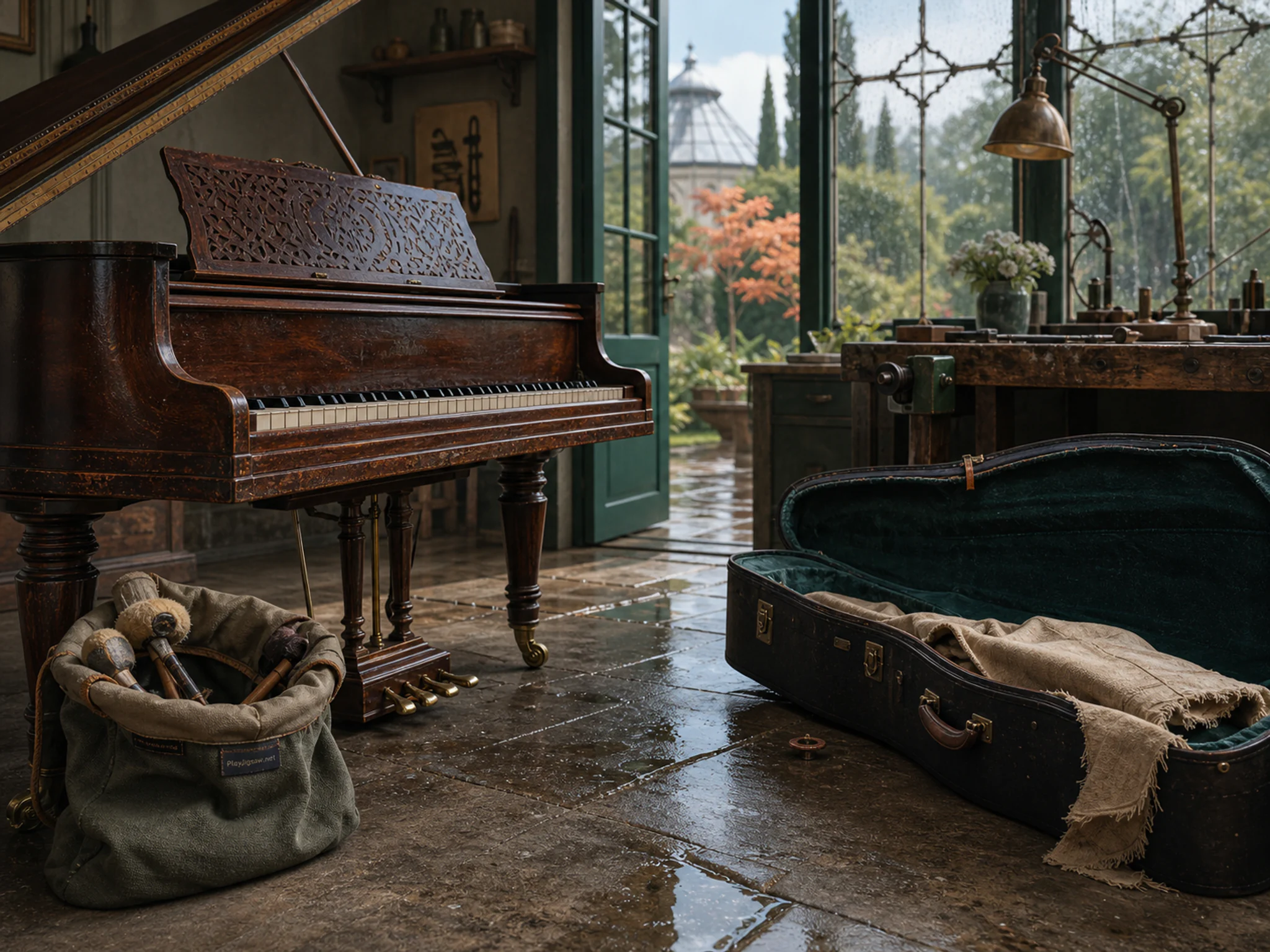 Garden Piano resting beside velvet instrument case in a precise repair workshop, composed as ground-level view using a textured leading edge, a middle landmark, and a high.