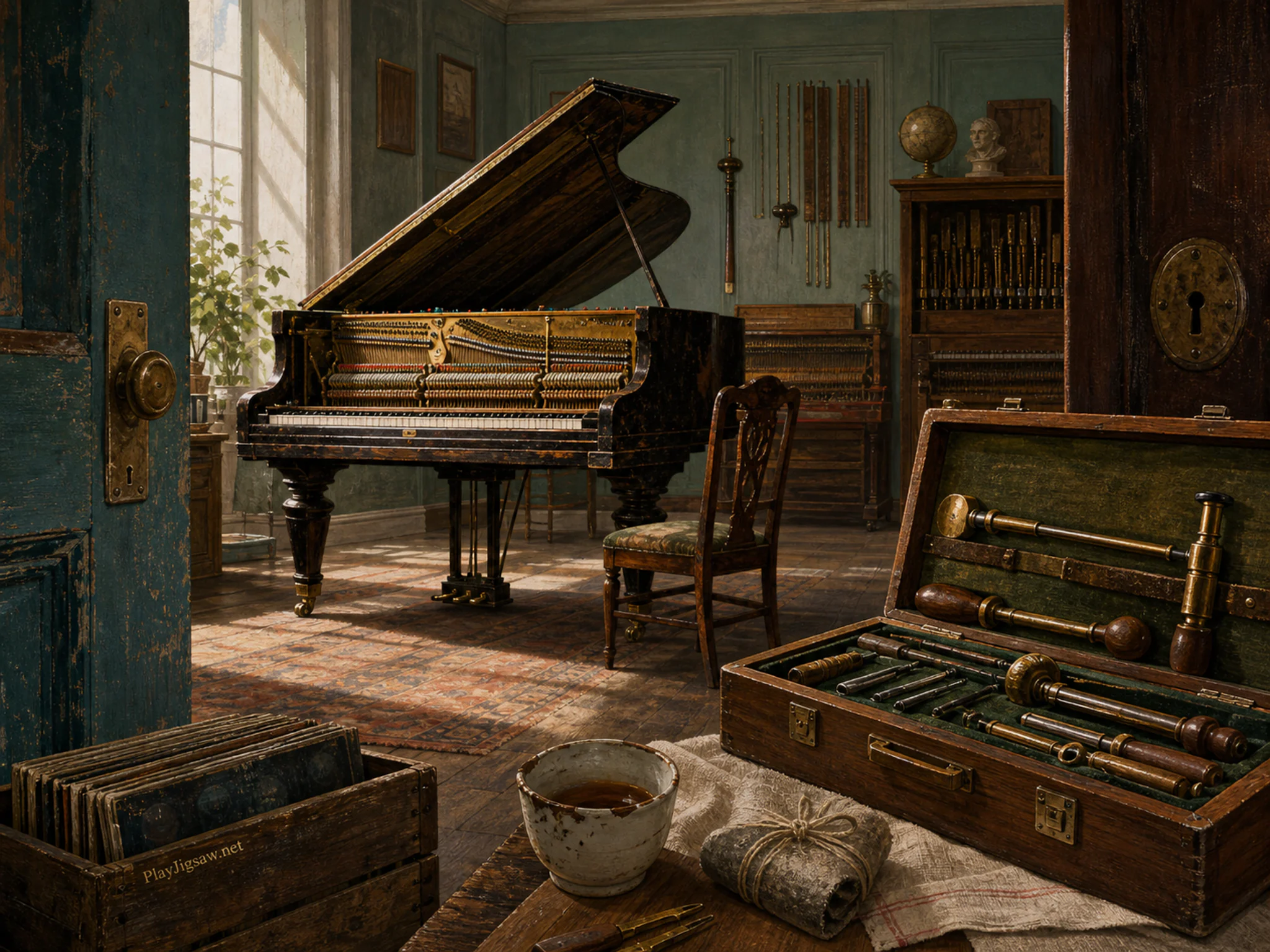 Garden Piano being tuned beside wooden tuning kit in a neatly lined instrument room, composed as low threshold view framed by two unequal vertical elements, opening into a deep.