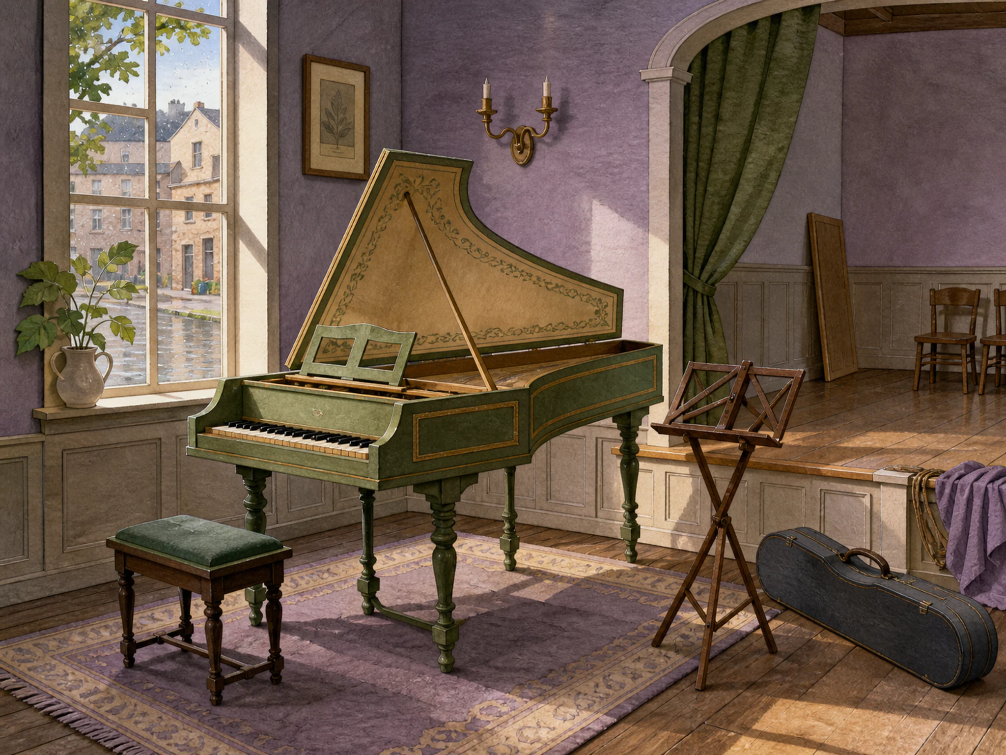 harpsichord room resting naturally beside a folded music stand without sheets in a community-hall stage after rehearsal with no performers, with familiar objects and sun after a.