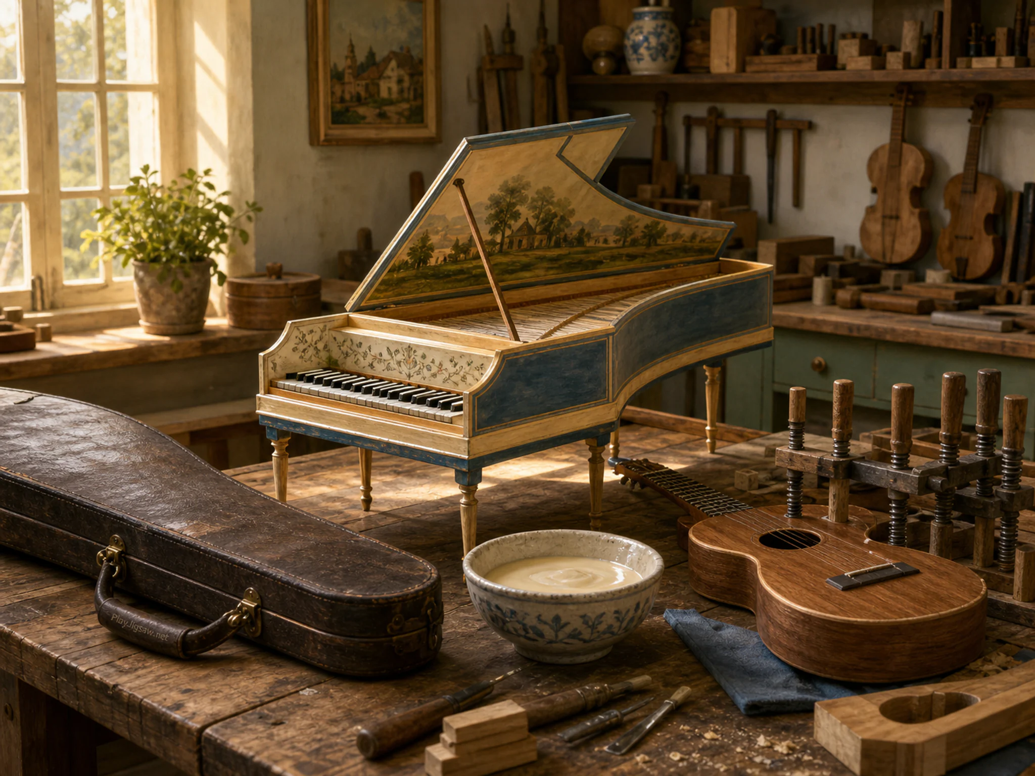 harpsichord room resting naturally beside a ceramic glue bowl in a luthier workbench with a familiar ukulele and clamps, with familiar objects and warm late-day sunlight.