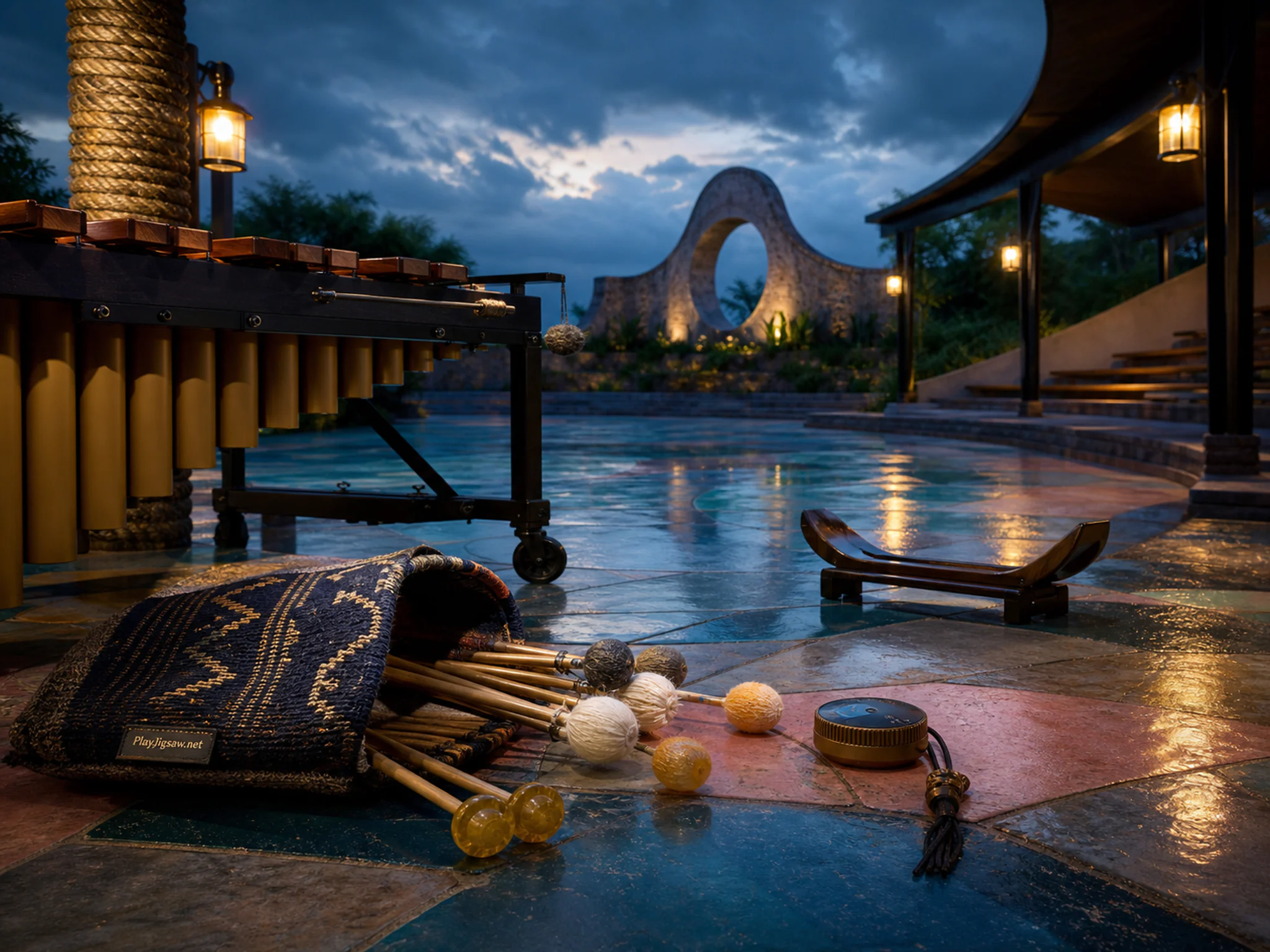 Marimba Courtyard waiting near woven mallet bag in an empty performance venue, composed as panoramic cross-section with five large landmarks and quiet breathing room between.