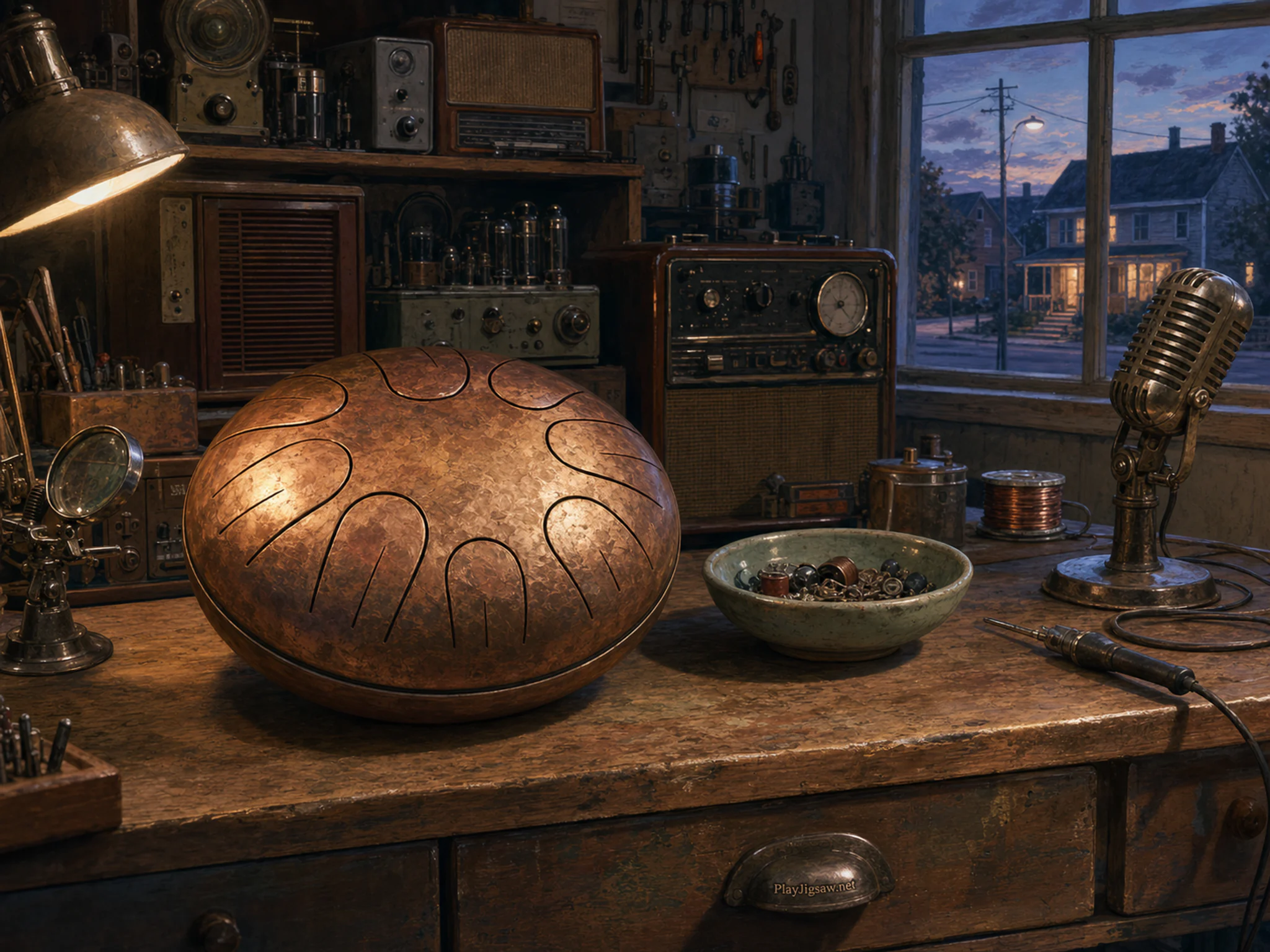 moon drum resting naturally beside a small parts bowl in a neighborhood radio-and-microphone repair workshop, with familiar objects and cool blue-hour light.