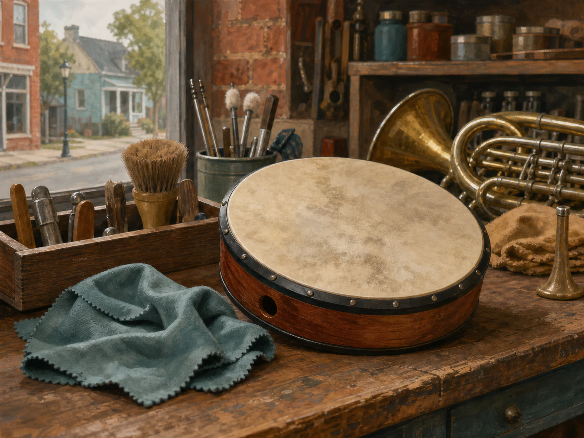 moon drum resting naturally beside a soft polishing cloth in a neighborhood instrument-repair counter with a horn-polishing desk, with familiar objects and soft overcast afternoon.