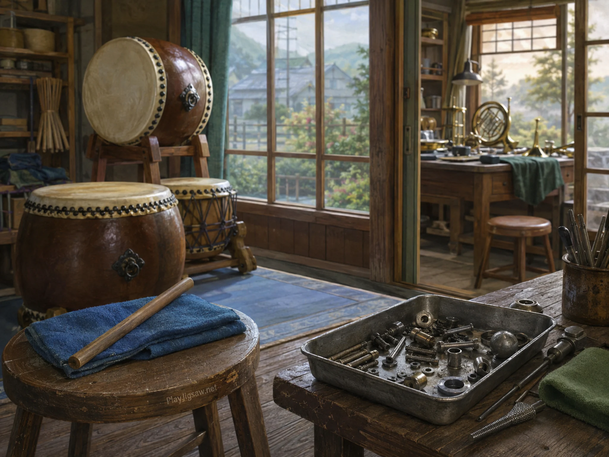 taiko room resting naturally beside a metal parts tray in a second neighborhood instrument-repair room with a horn-polishing desk, with familiar objects and calm misty dawn.