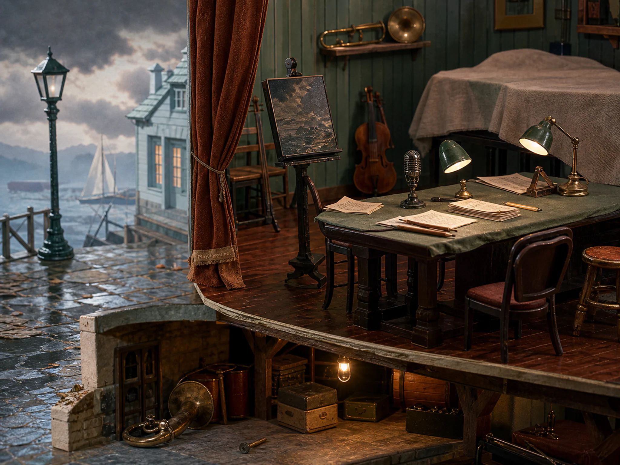 Radio Theater Table set for rehearsal near painted sheet-music stand without text in a neatly lined instrument room, composed as split-level composition showing above and below.
