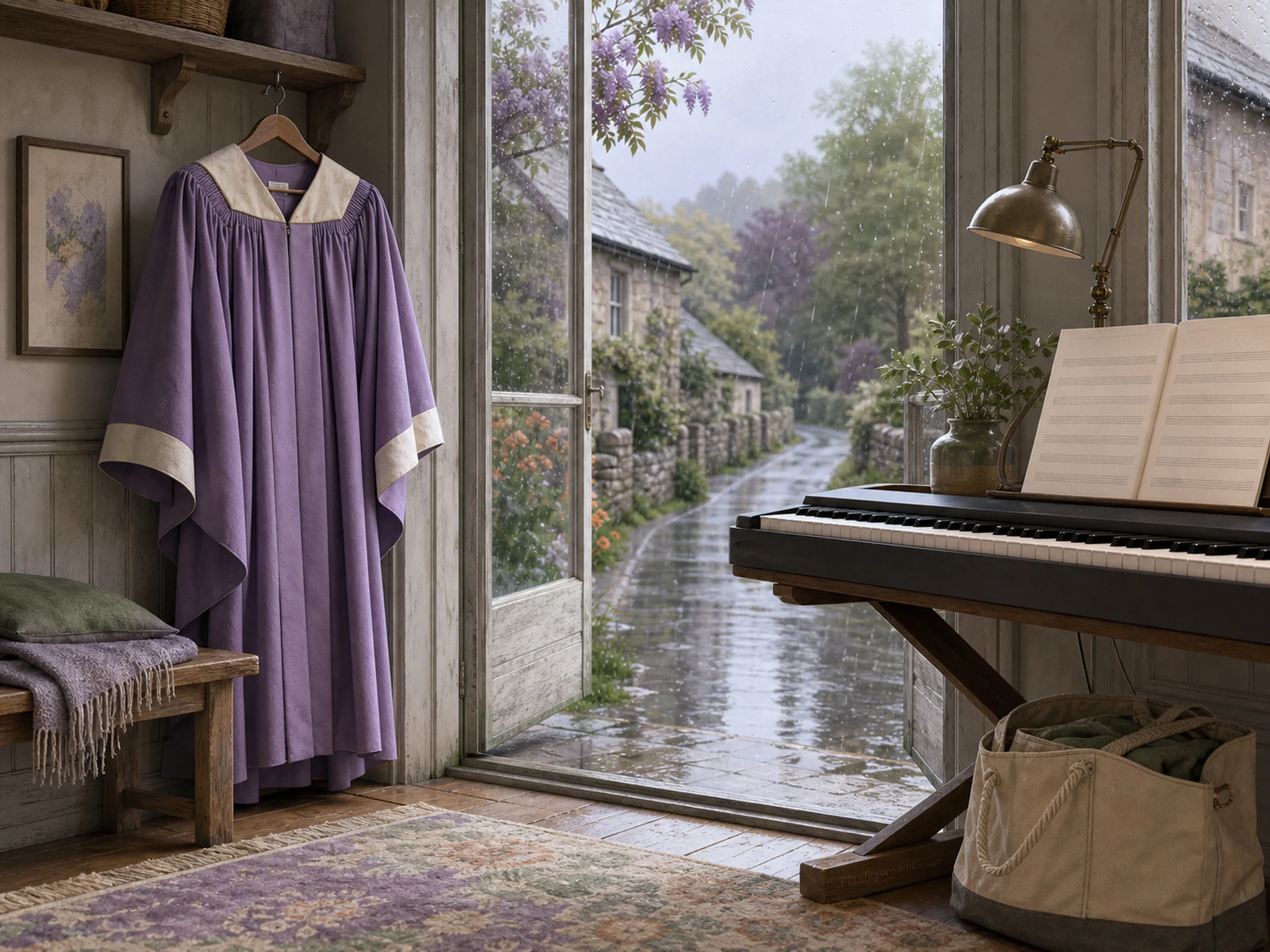 choir robe room resting naturally beside a canvas cable bag in a home studio keyboard desk with blank music sheets, with familiar objects and gentle rain with crisp reflections.