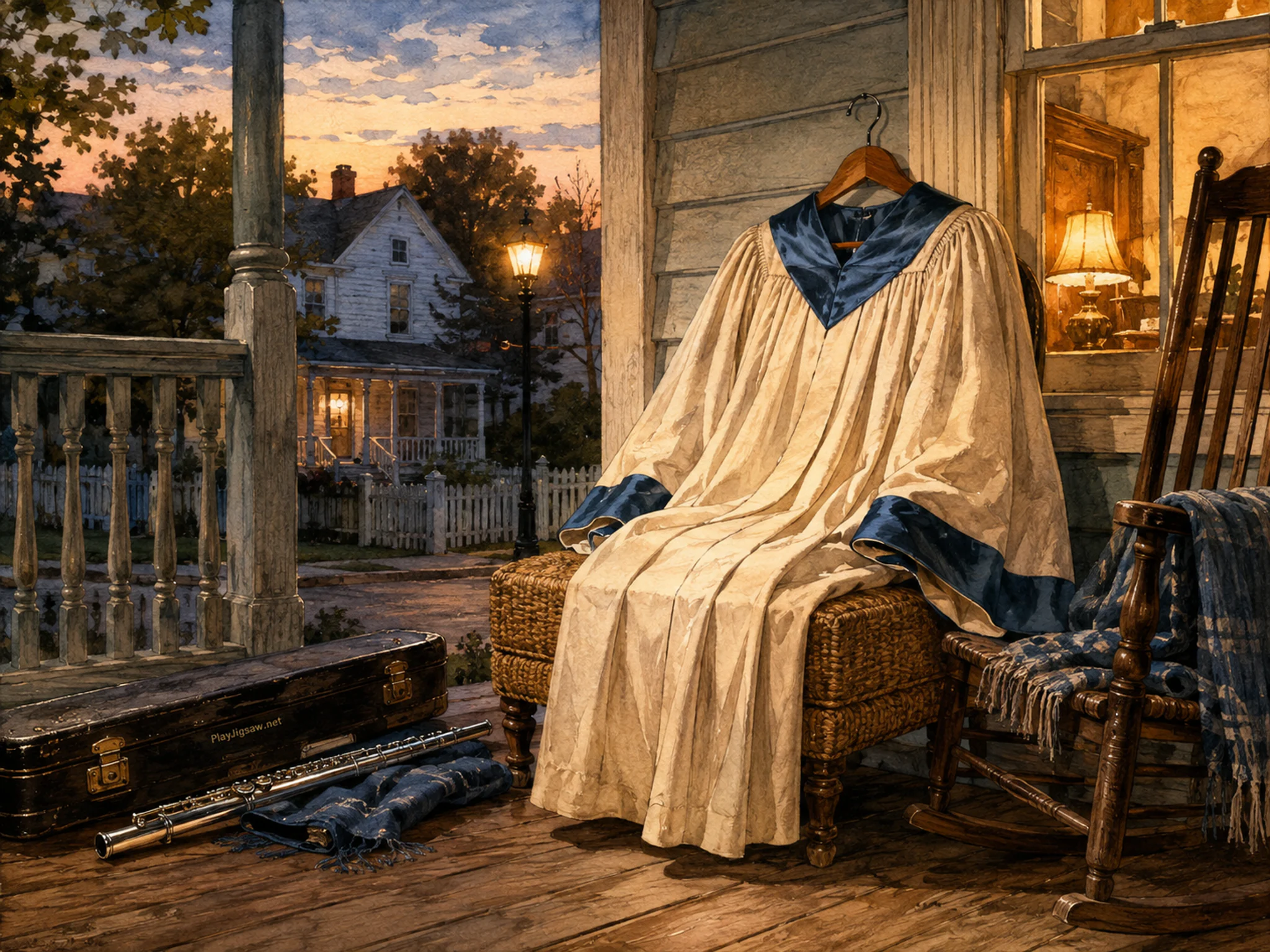 choir robe room resting naturally beside a woven footstool in a farmhouse porch with a flute case and rocking chair, with familiar objects and warm lamplight at dusk.