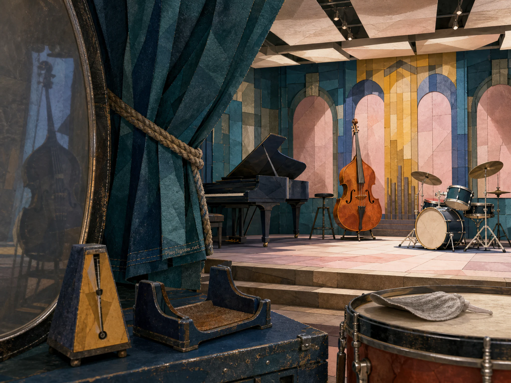 Empty Jazz Stage lit beneath folded stage curtain in a resonant percussion hall, composed as off-center subject seen in reflection or through translucent material while remaining.