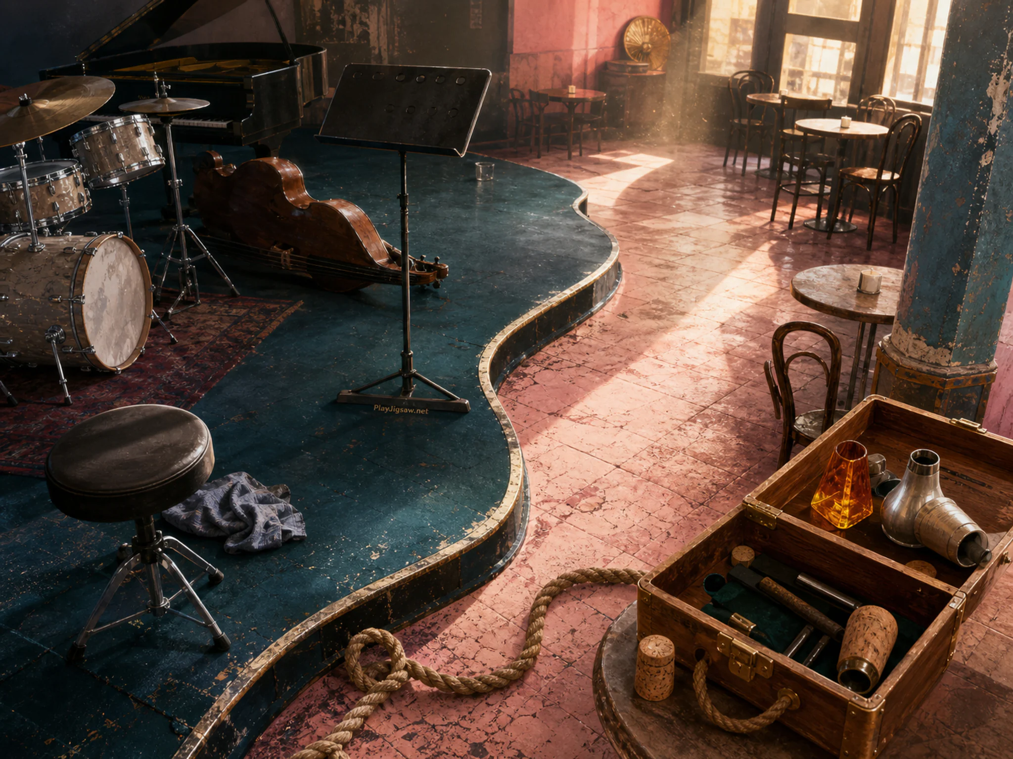 Empty Jazz Stage being tuned beside wooden tuning kit in an empty performance venue, composed as high oblique view with four large color zones connected by one S-shaped working.