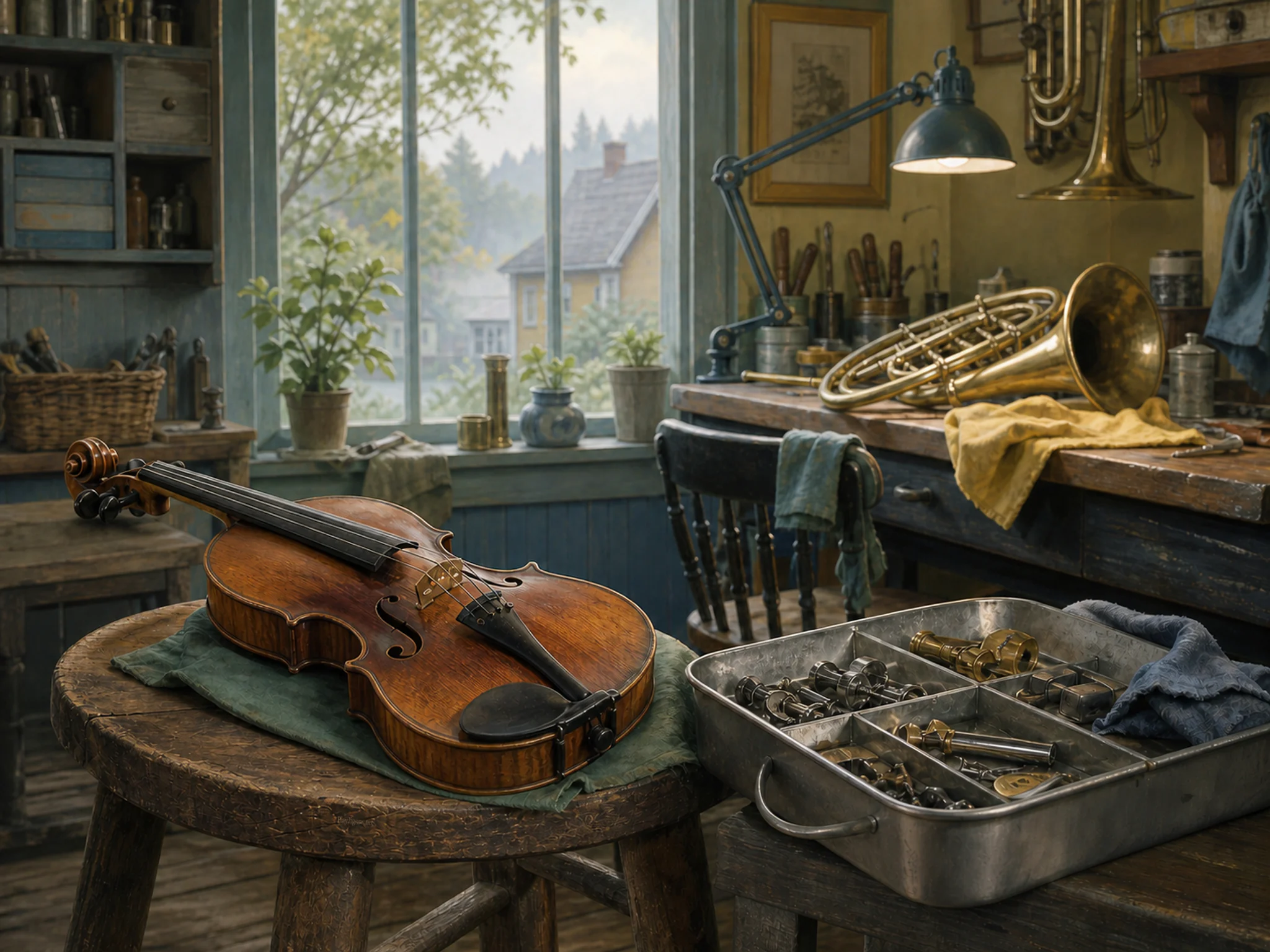 forest violin resting naturally beside a metal parts tray in a second neighborhood instrument-repair room with a horn-polishing desk, with familiar objects and calm misty dawn.
