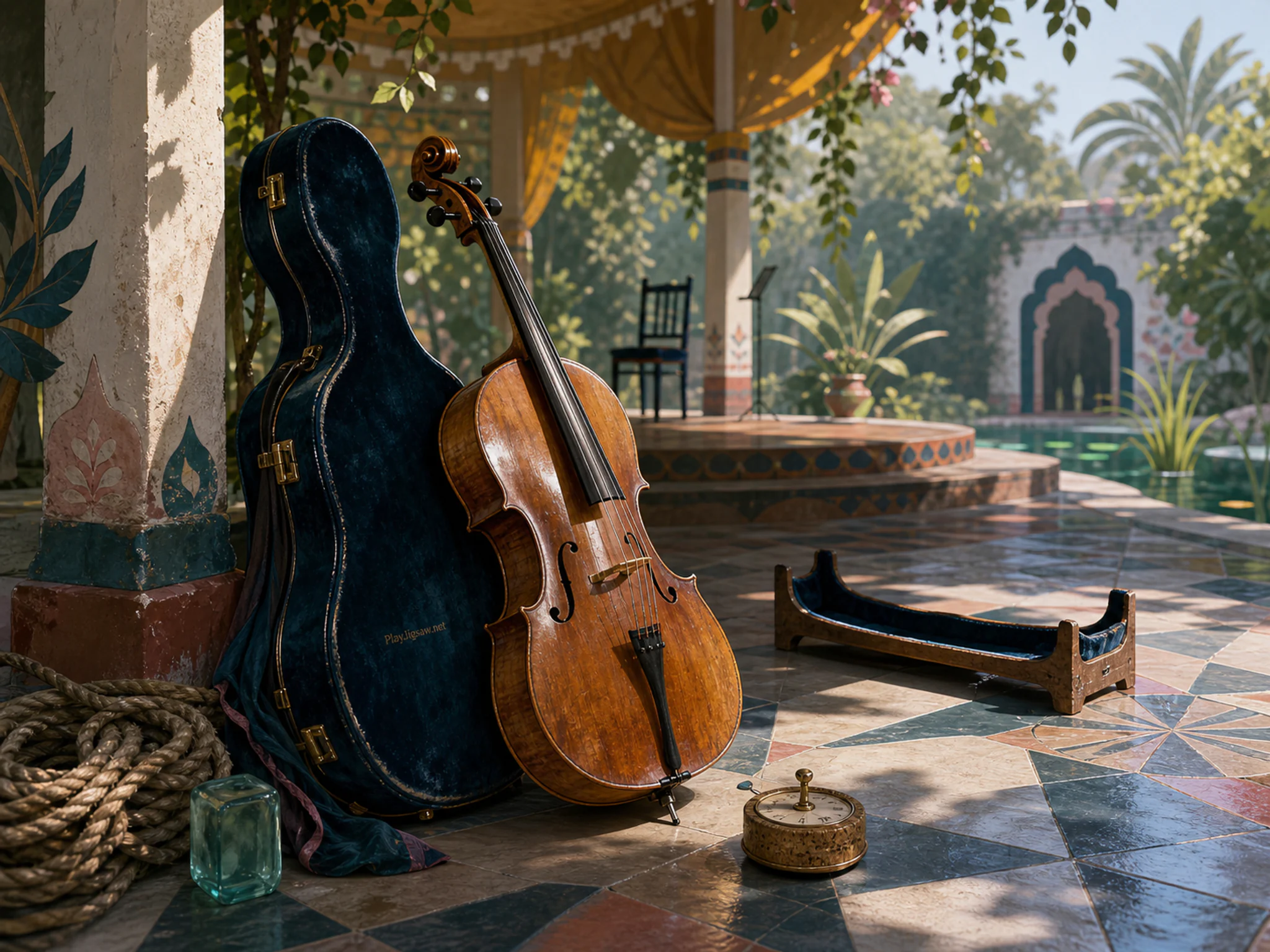 Garden Cello resting beside velvet instrument case in a garden performance pavilion, composed as overhead working map with irregular object islands, strong spacing, and a single.