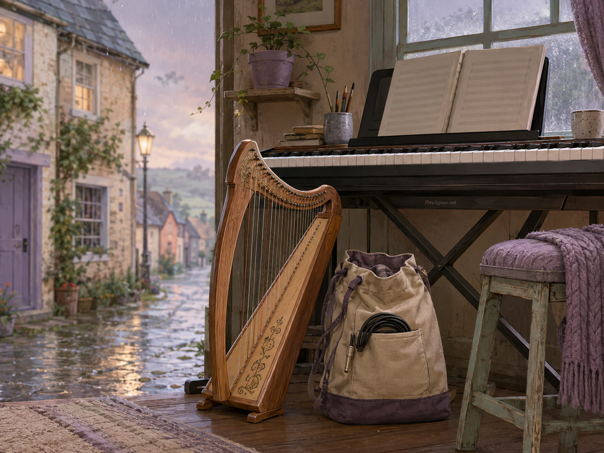 sea pavilion harp resting naturally beside a canvas cable bag in a home studio keyboard desk with blank music sheets, with familiar objects and gentle rain with crisp reflections.