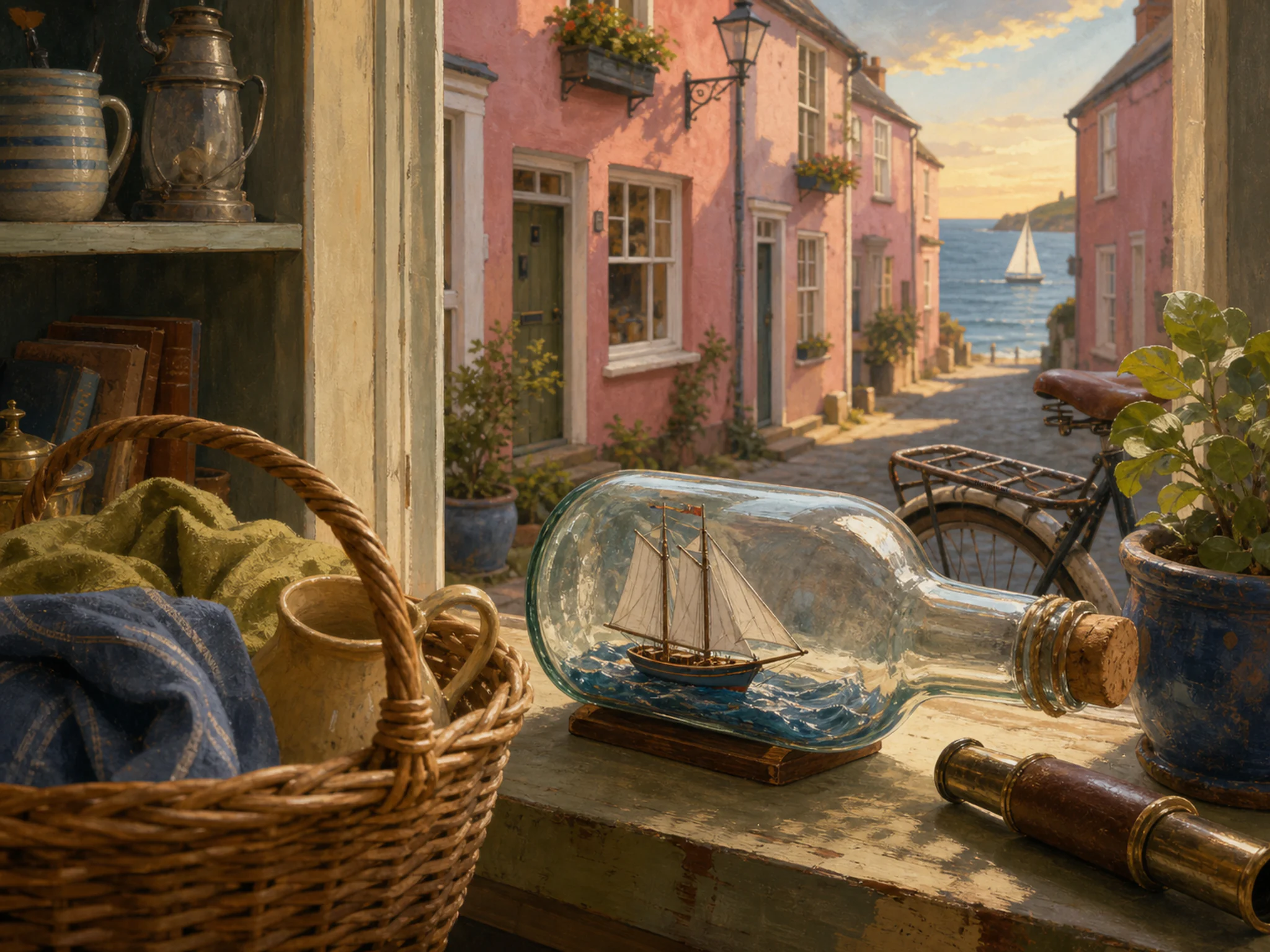 bottle sailboat seen beyond a wicker shopping basket in a narrow seaside street of familiar pink row houses, with familiar objects and warm late-day sunlight.