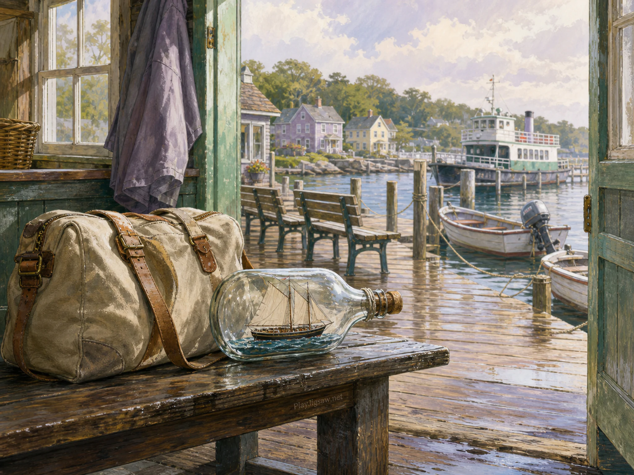 bottle sailboat seen beyond a canvas travel bag in a small ferry dock with benches and tied boats, with familiar objects and bright diffused window light.