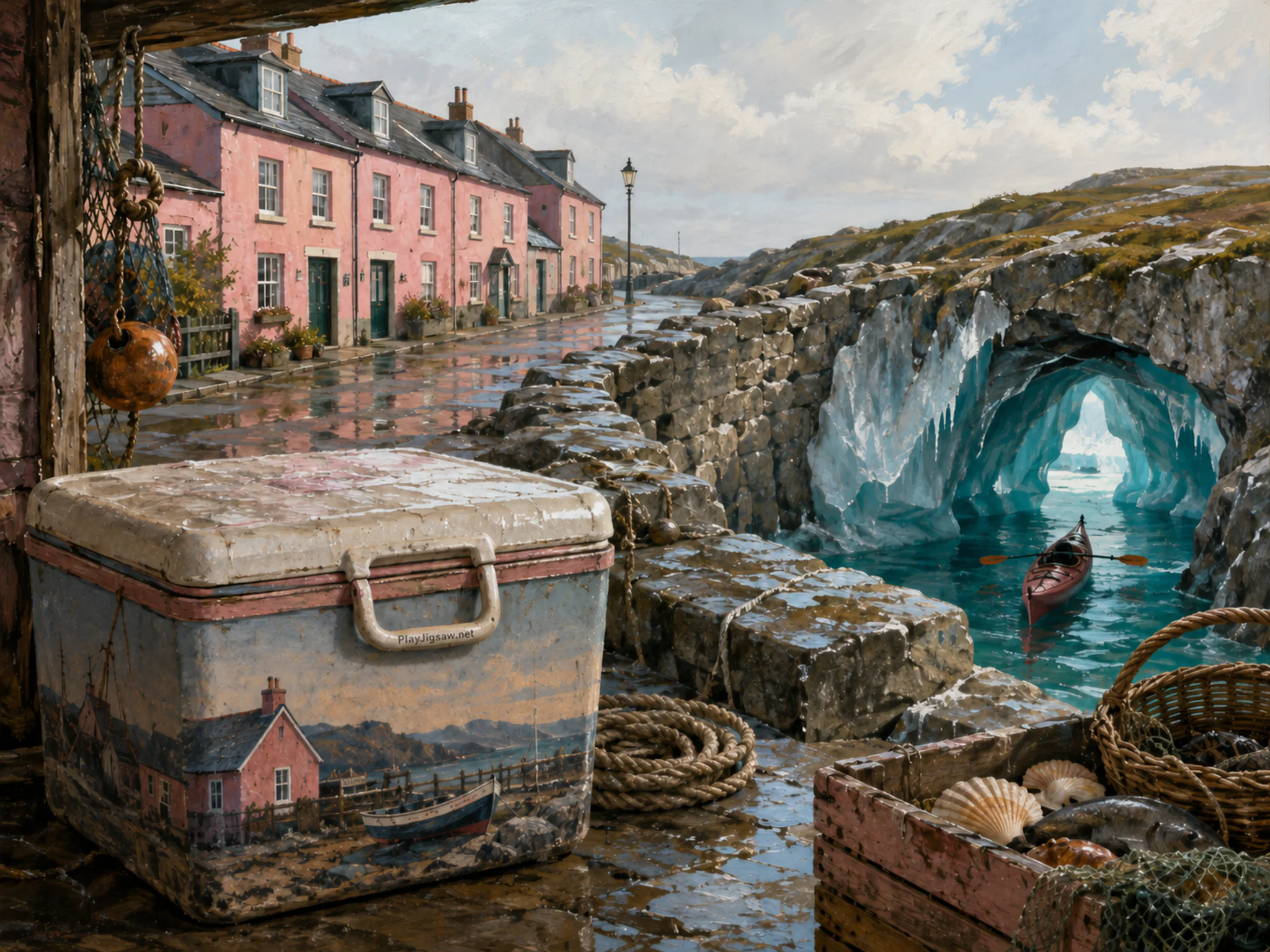 kayak ice cave seen beyond a painted cooler box in a stone breakwater beside a familiar street of pink row houses, with familiar objects and sun after a brief rain shower.