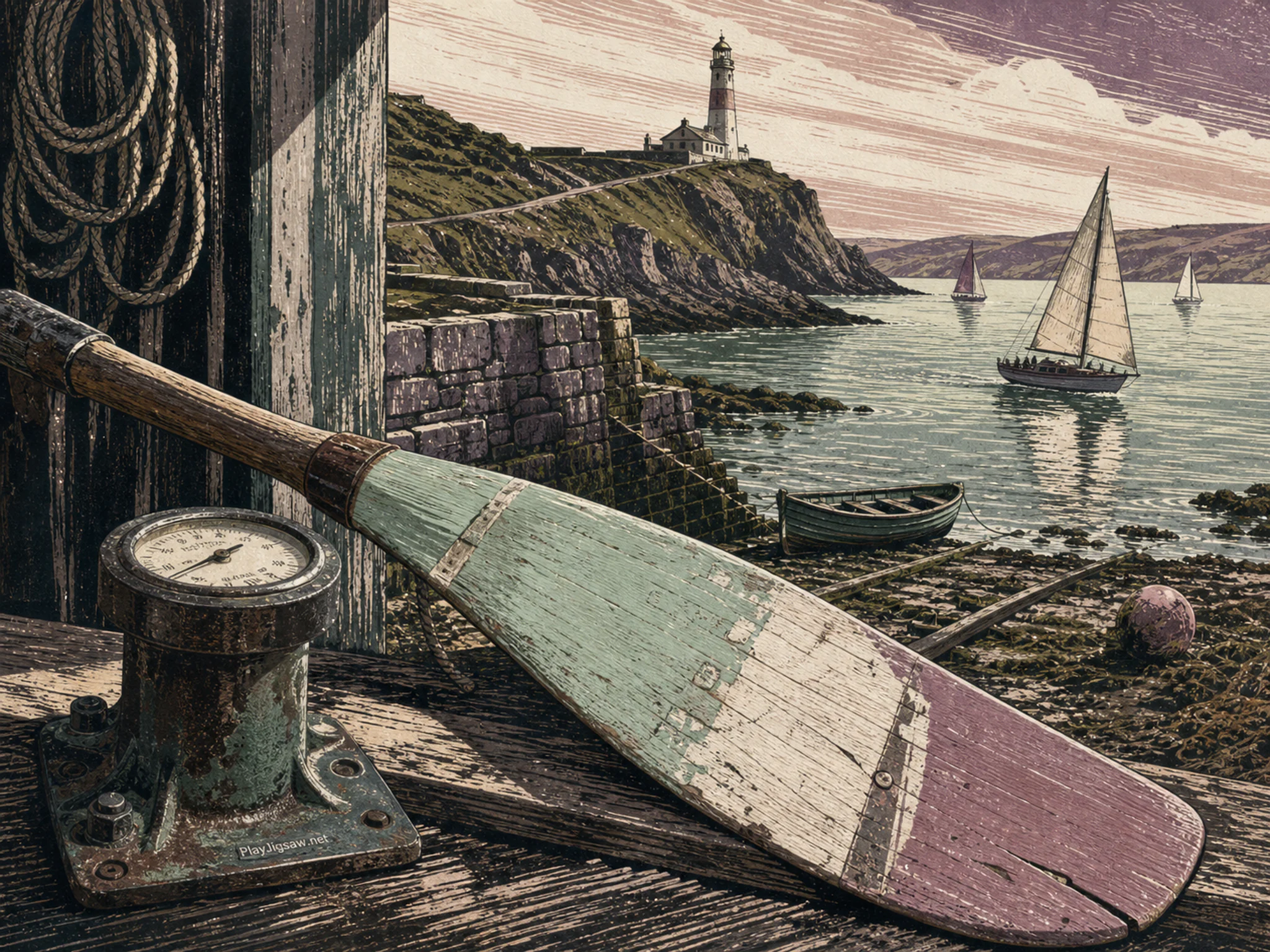 Regatta Bay cutting across painted paddle in a wind-bright beacon headland, composed as wide lateral view structured by an irregular shoreline, wall, track, ridge, or garden.