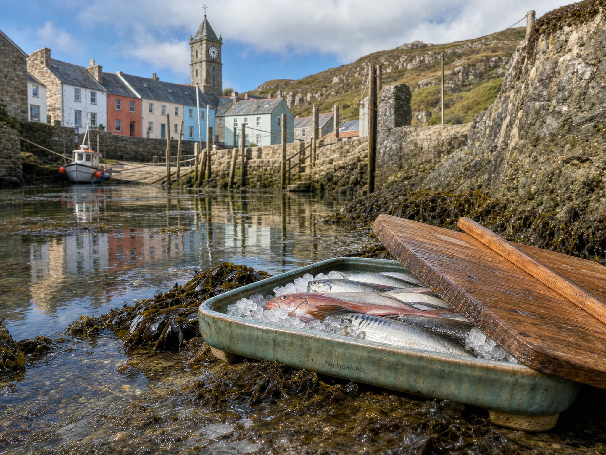Clocktower Town opening onto ceramic fish market tray in a shallow rocky tide pool, composed as off-center subject mirrored in water, glass, wet stone, or polished metal without.