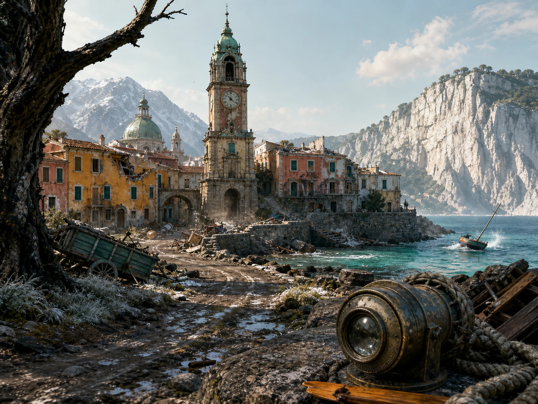 Clocktower Town cutting across painted paddle in a colorful coastal settlement, composed as low route-level view with the main subject crossing two depth planes and three clearly.