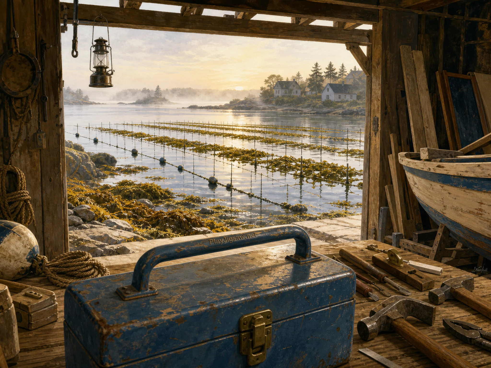 seaweed farm seen beyond a blue metal toolbox in a boat-repair shed with common hand tools and timber, with familiar objects and calm misty dawn.