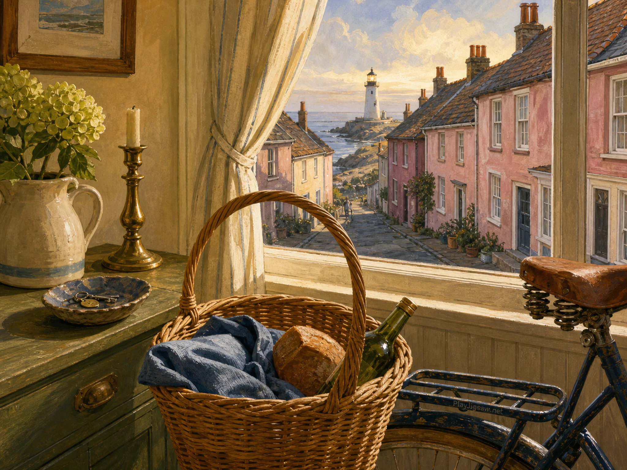 fog beacon seen beyond a wicker shopping basket in a narrow seaside street of familiar pink row houses, with familiar objects and warm late-day sunlight.