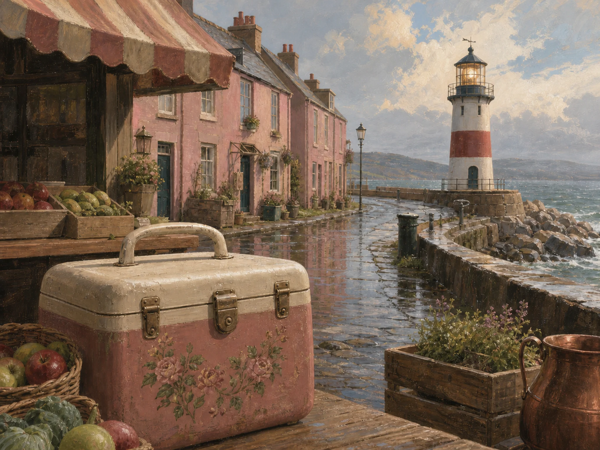 fog beacon seen beyond a painted cooler box in a stone breakwater beside a familiar street of pink row houses, with familiar objects and sun after a brief rain shower.