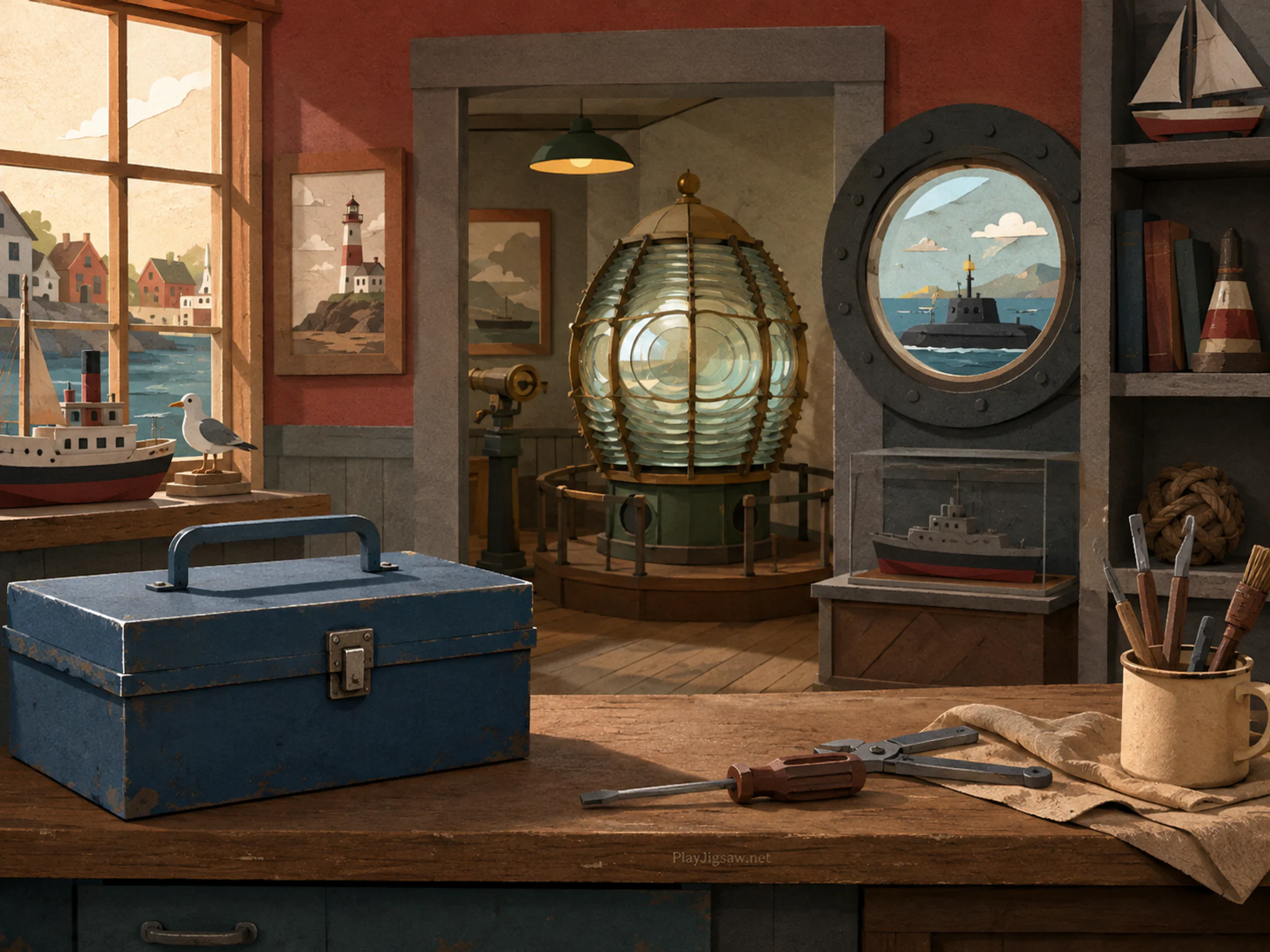 lens room seen beyond a blue metal toolbox in a small harbor museum room with a submarine viewing window, with familiar objects and golden kitchen-window light.