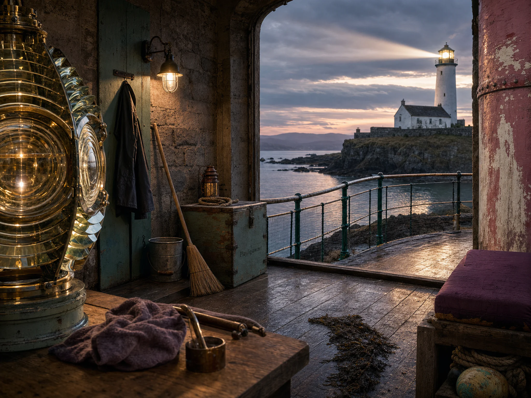 White Lighthouse shining above polished brass lens in a layered sailing bay, composed as route-bend composition where the destination is only partly visible and a secondary.