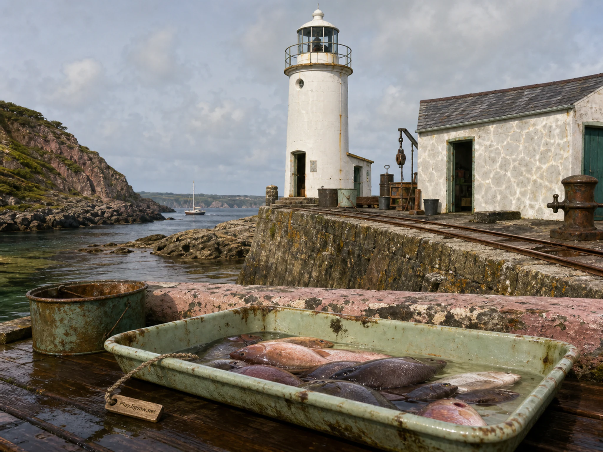 White Lighthouse opening onto ceramic fish market tray in a practical marine field station, composed as wide lateral view structured by an irregular shoreline, wall, track.