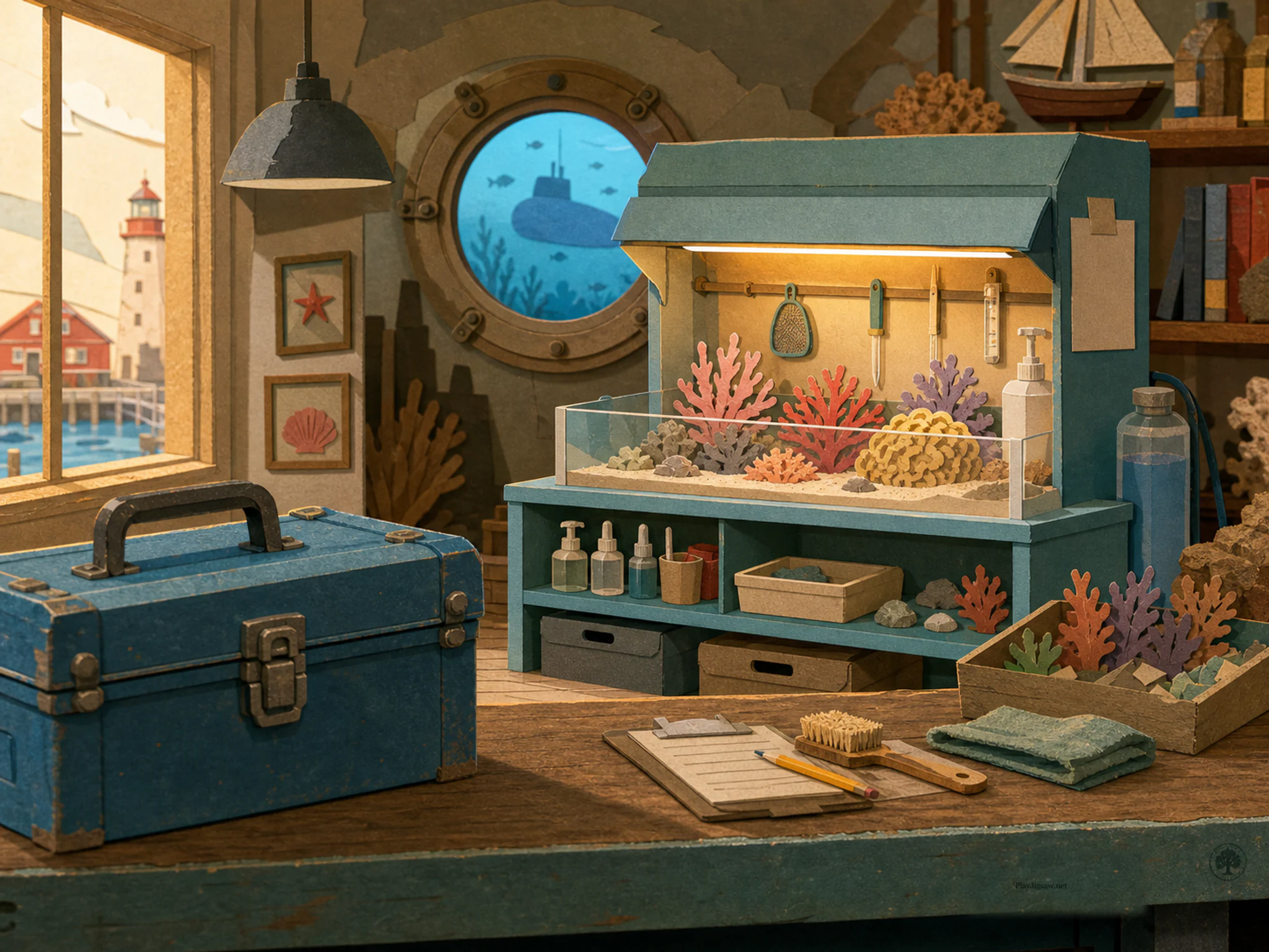 coral care station seen beyond a blue metal toolbox in a small harbor museum room with a submarine viewing window, with familiar objects and golden kitchen-window light.