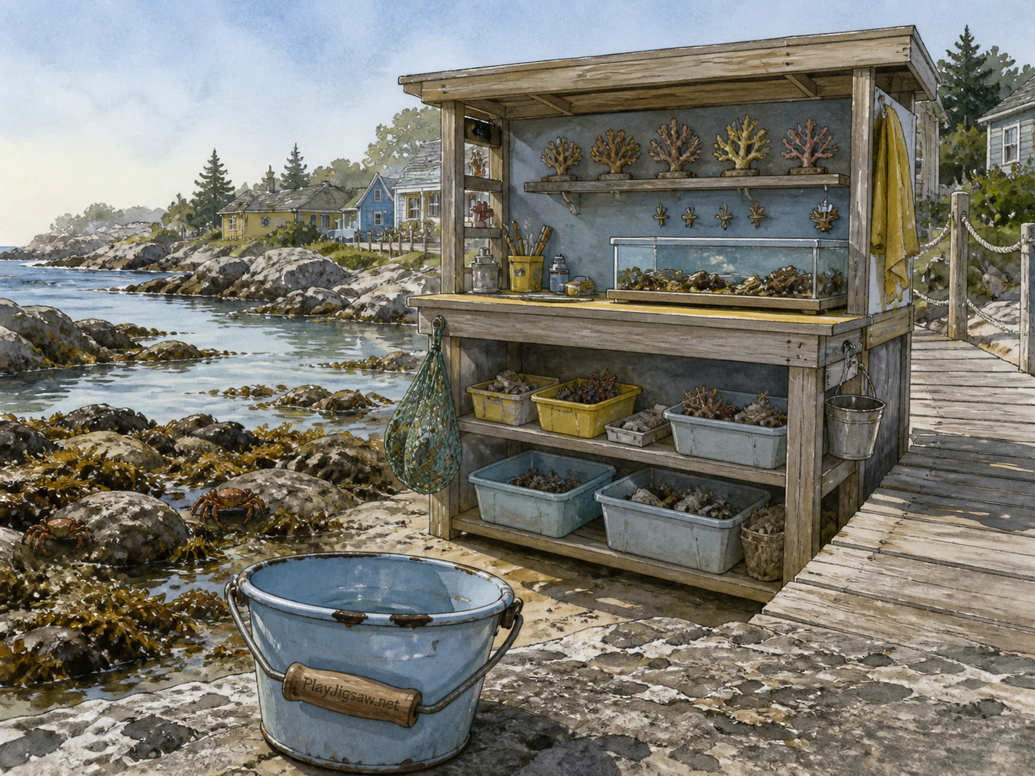 coral care station seen beyond a small enamel bucket in a familiar rock-crab tidal cove beside a wooden footpath, with familiar objects and clear early-morning light.
