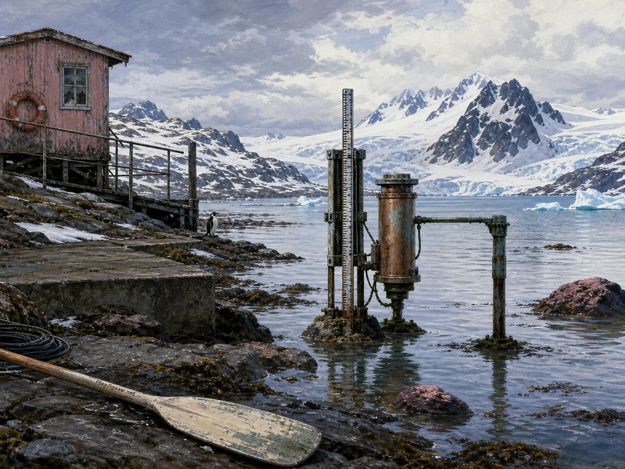 Tide Gauge Lab being calibrated beside precision tide gauge in a stark polar shoreline, composed as long diagonal movement through the frame, interrupted once by a functional.
