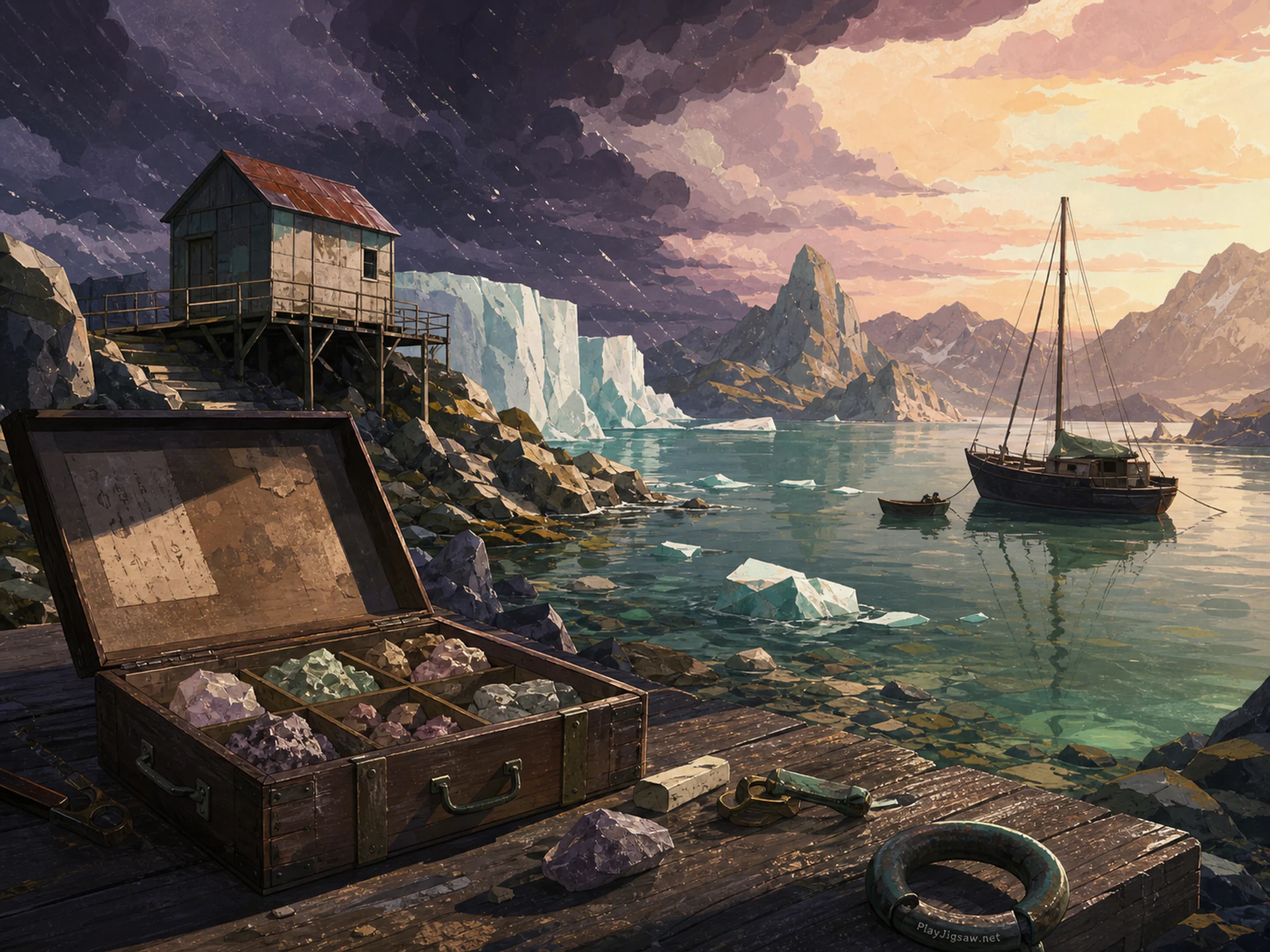 Iceberg Cove being cataloged near wooden specimen box in a layered sailing bay, composed as long diagonal movement through the frame, interrupted once by a functional structure.