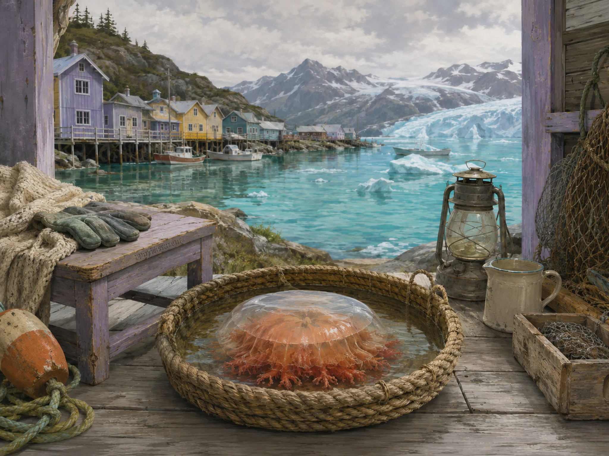 coral bell pool seen beyond a shallow rope basket in a northern fishing-village porch overlooking a turquoise glacier bay, with familiar objects and soft overcast afternoon.