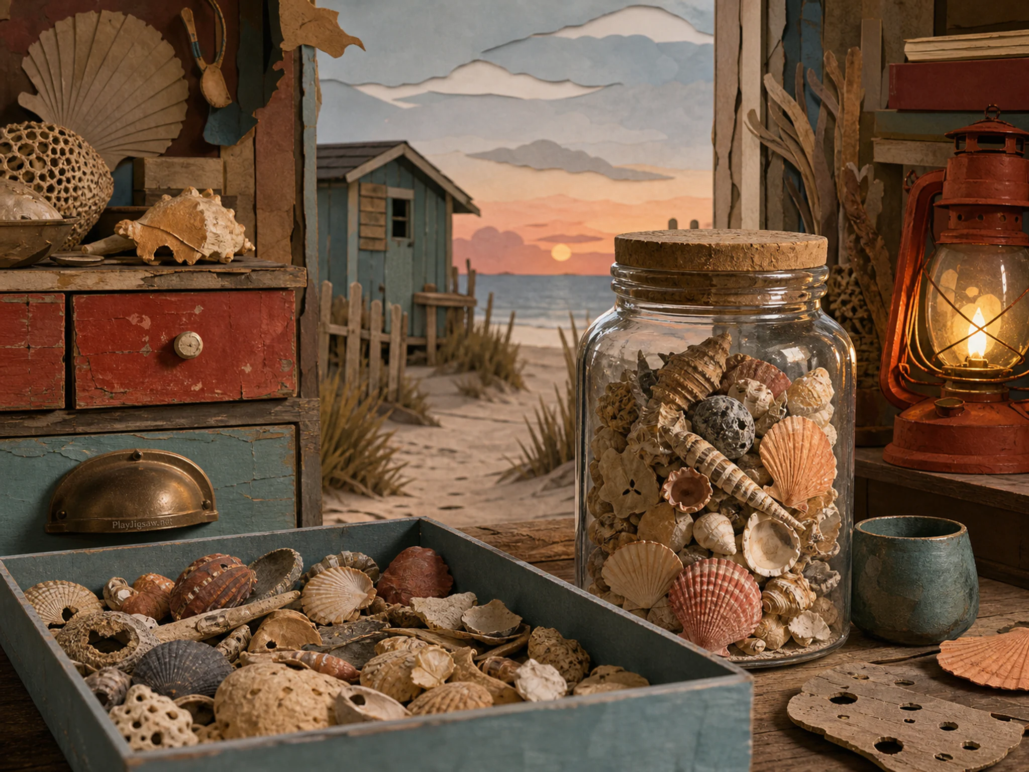 glass jar survey seen beyond a shallow specimen tray in a weathered beach-hut shell archive beside a sandy footpath, with familiar objects and warm lamplight at dusk.
