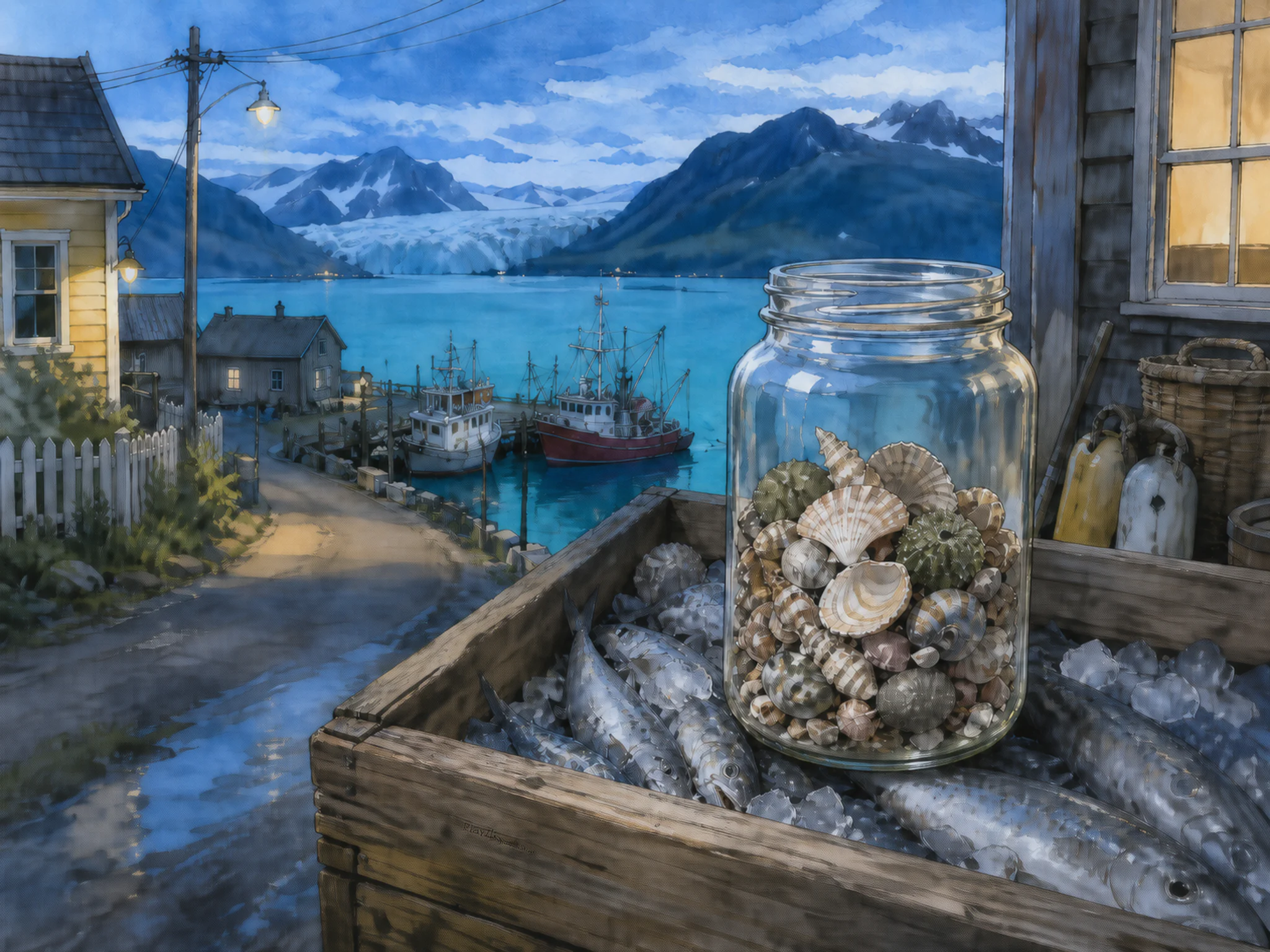 glass jar survey seen beyond a wooden fish crate without labels in a northern working harbor overlooking a turquoise glacier bay, with familiar objects and cool blue-hour light.