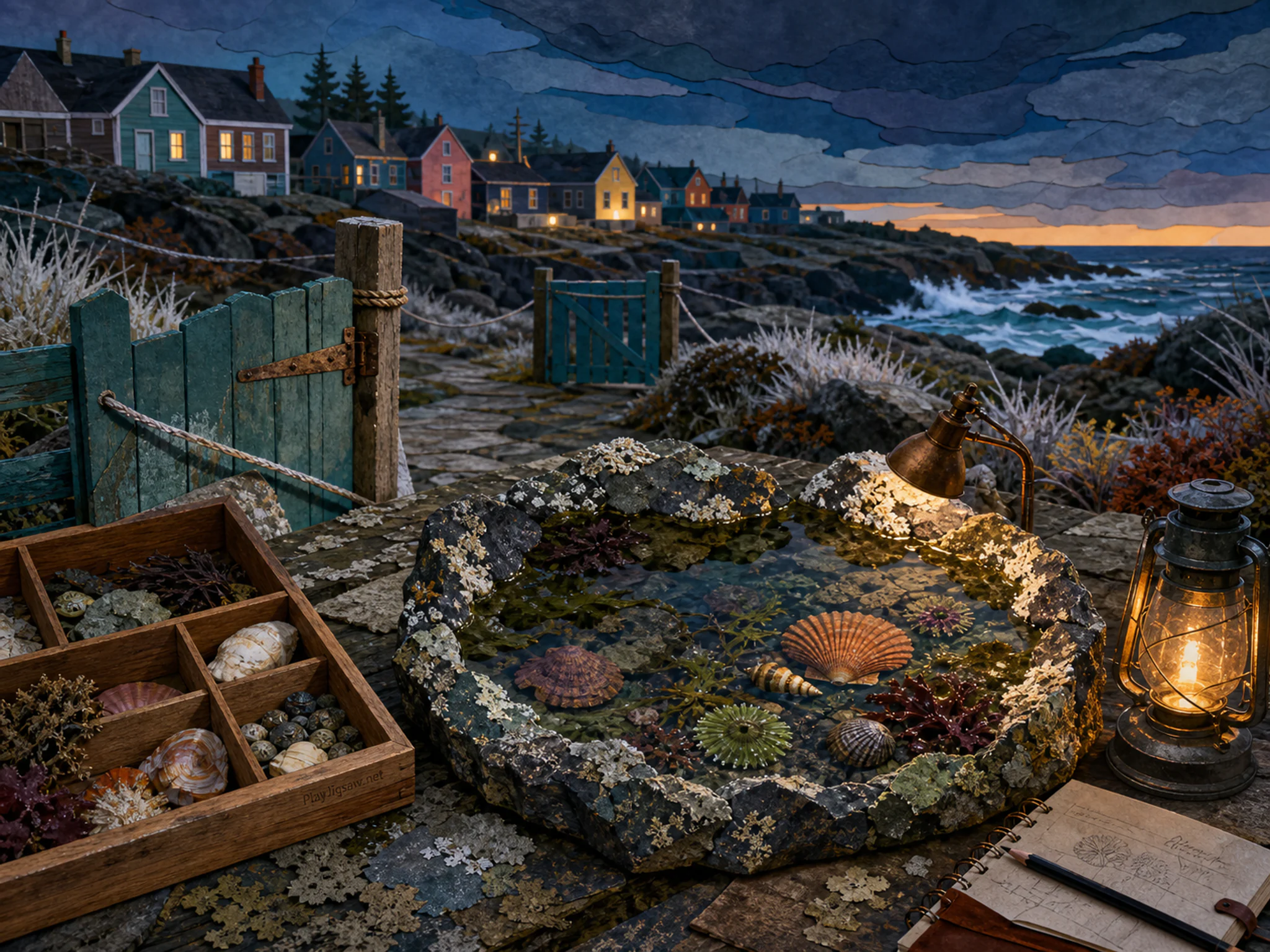 Seashell Pool being cataloged near wooden specimen box in a colorful coastal settlement, composed as calm near-symmetry broken by one working action, one asymmetrical weather.